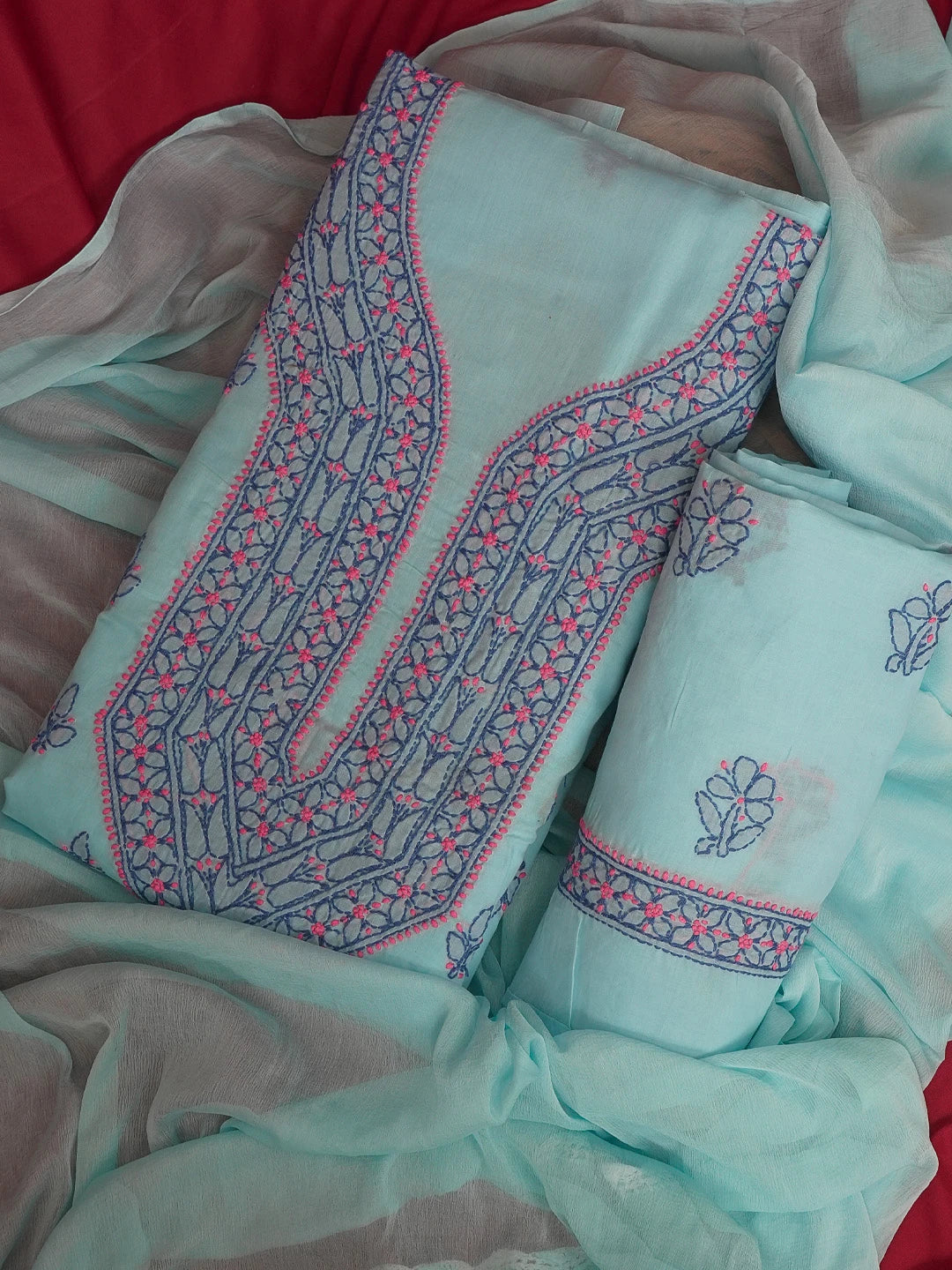 Ada Hand Embroidered Sky Blue Cotton Lucknowi Chikankari Unstitched Suit Piece 01A605926