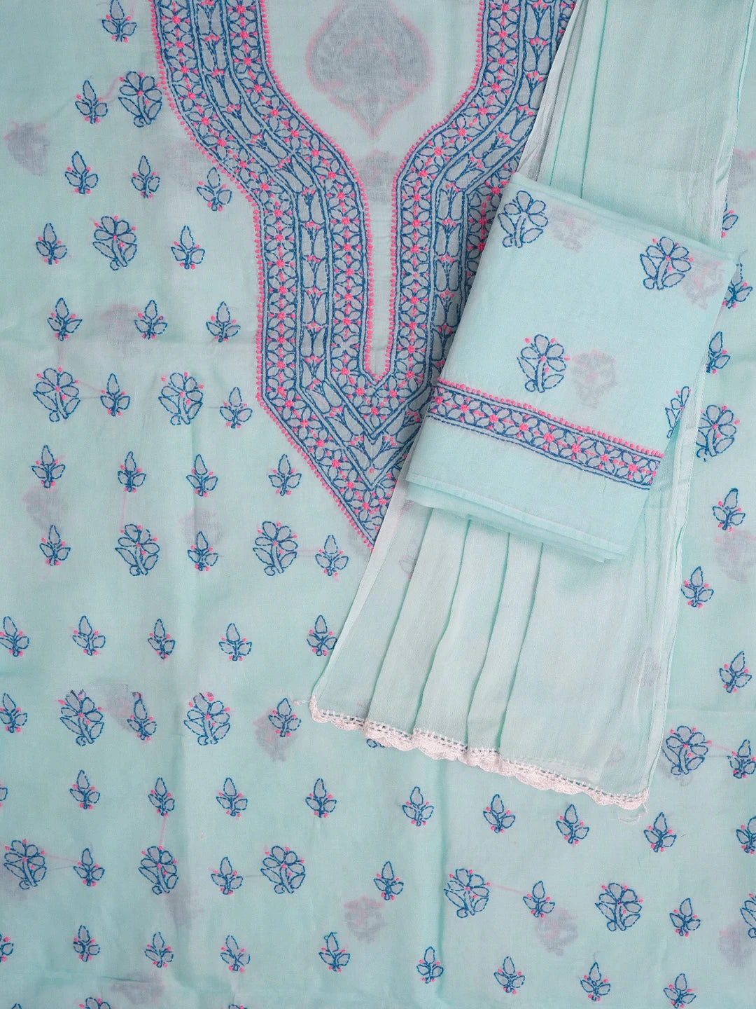 Ada Hand Embroidered Sky Blue Cotton Lucknowi Chikankari Unstitched Suit Piece 01A605926