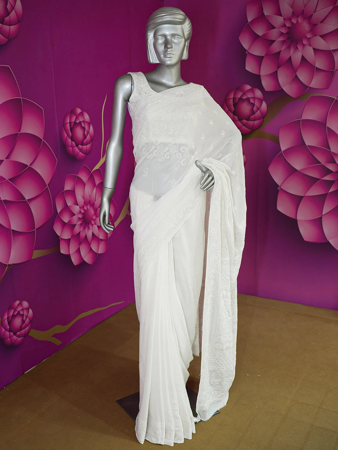 Ada Hand Embroidered Off White Pure Georgette Lucknowi Chikankari Saree With Blouse 01A576557
