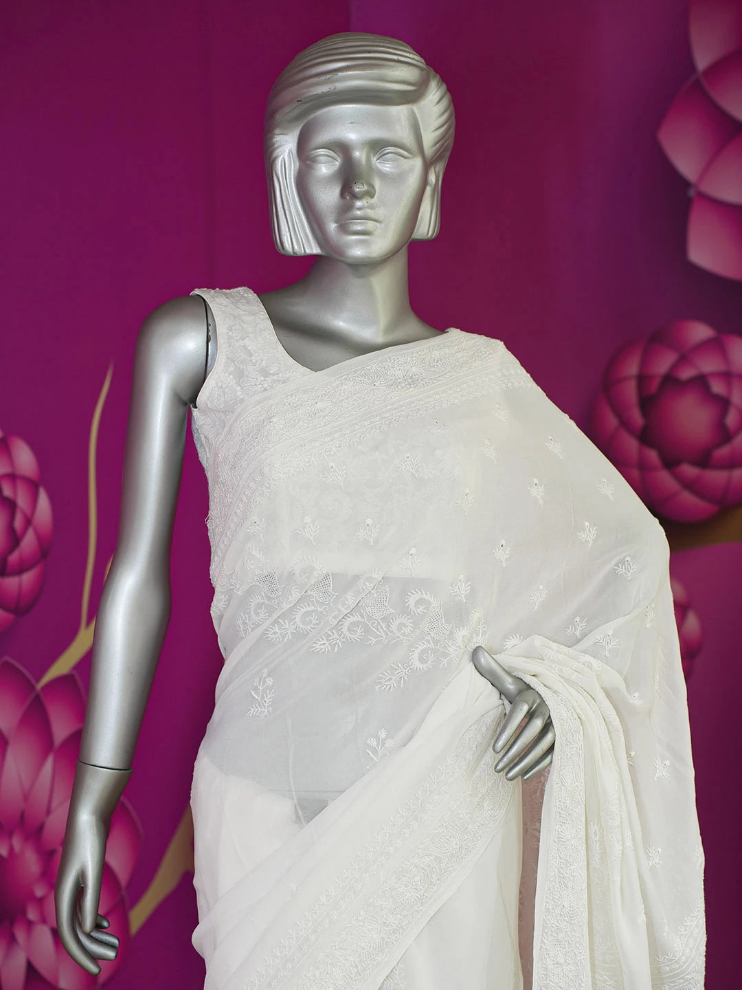Ada Hand Embroidered Off White Pure Georgette Lucknowi Chikankari Saree With Blouse 01A576557