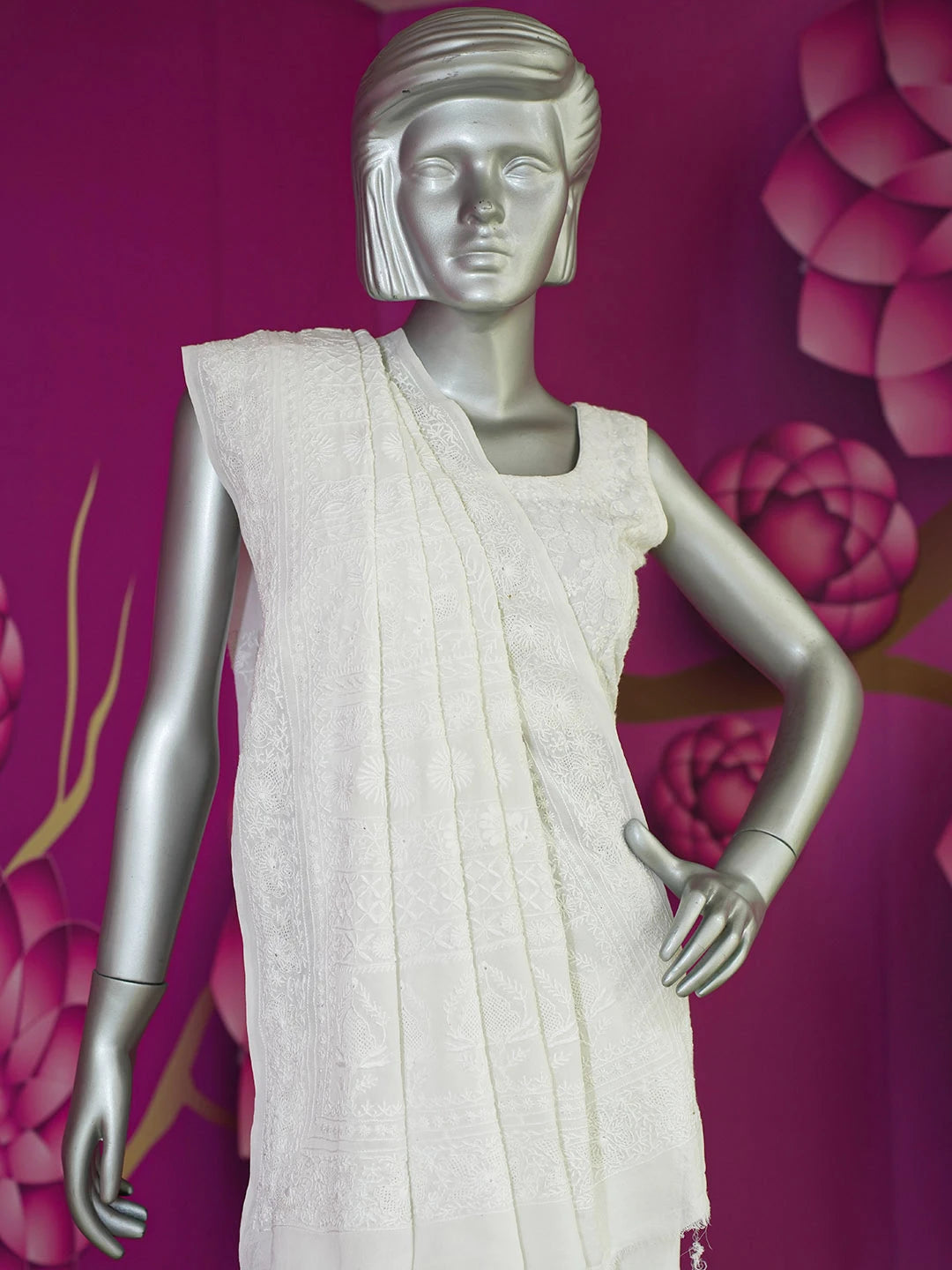 Ada Hand Embroidered Off White Pure Georgette Lucknowi Chikankari Saree With Blouse 01A576557