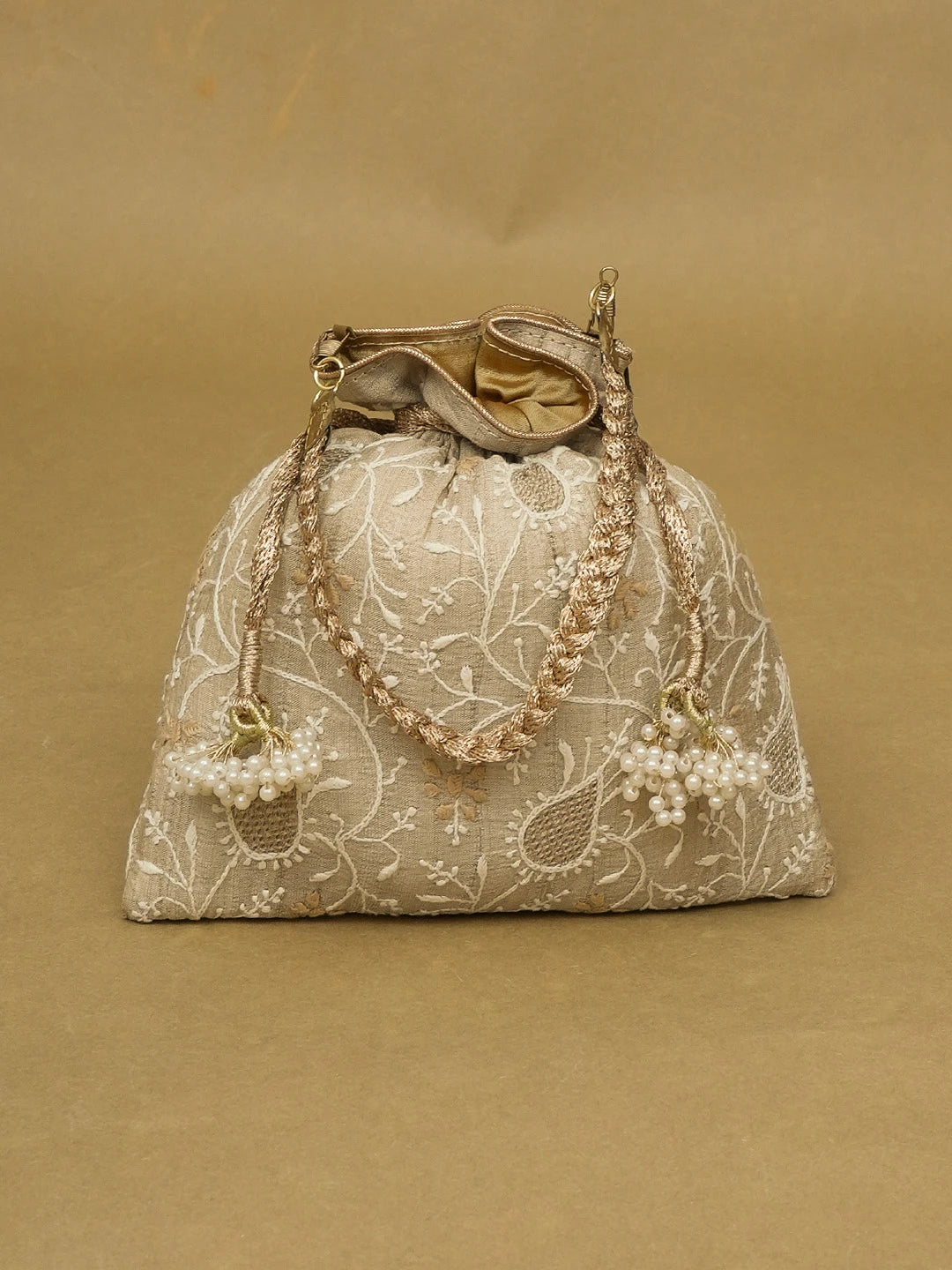 Ada Hand Embroidered Fawn Silk Lucknowi Chikankari Potli Bag 01A578147