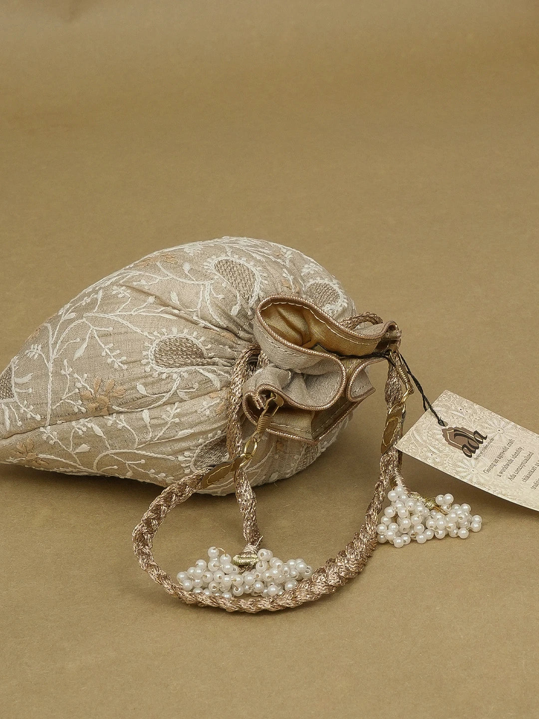 Ada Hand Embroidered Fawn Silk Lucknowi Chikankari Potli Bag 01A578147