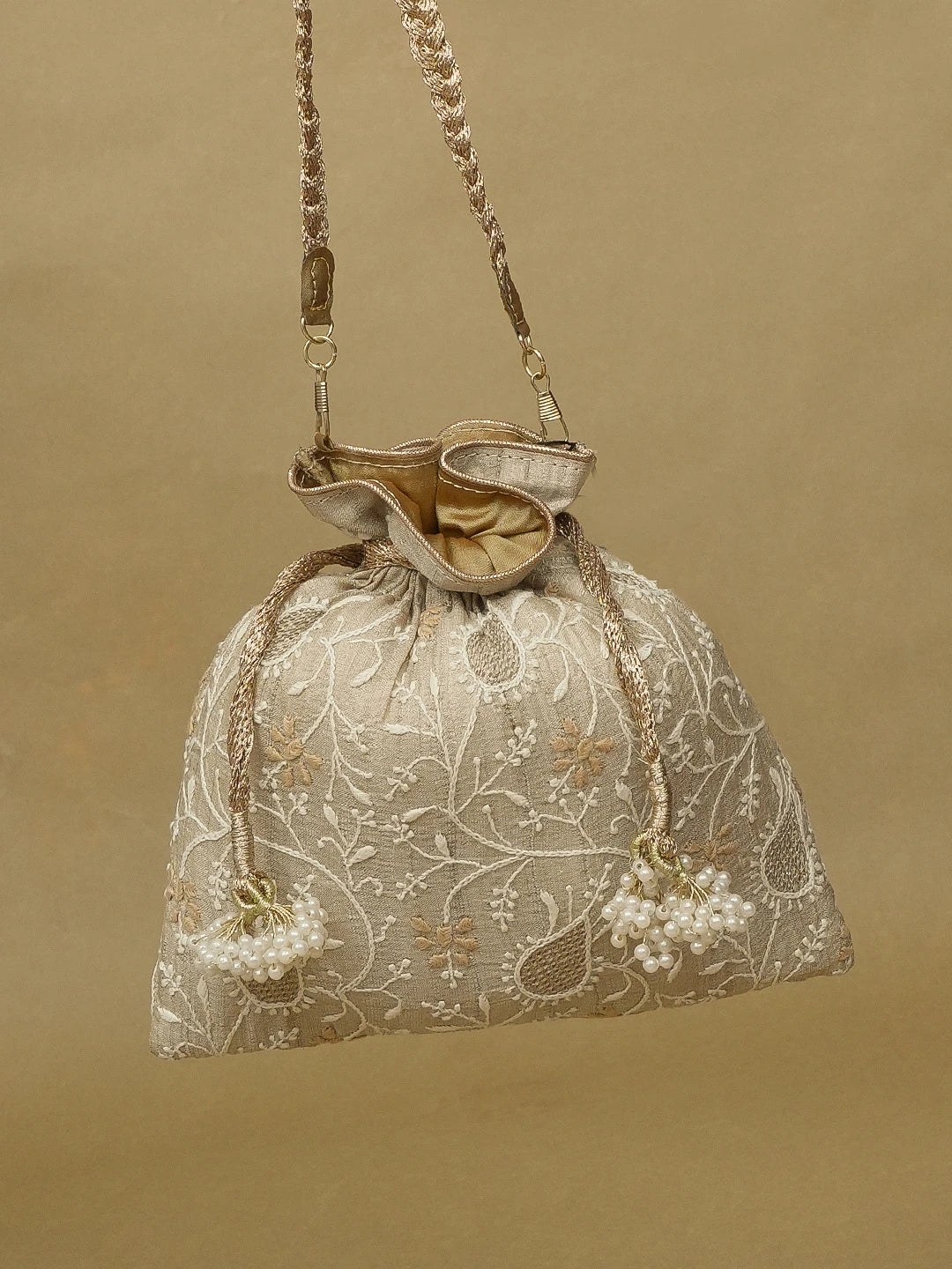 Ada Hand Embroidered Fawn Silk Lucknowi Chikankari Potli Bag 01A578147