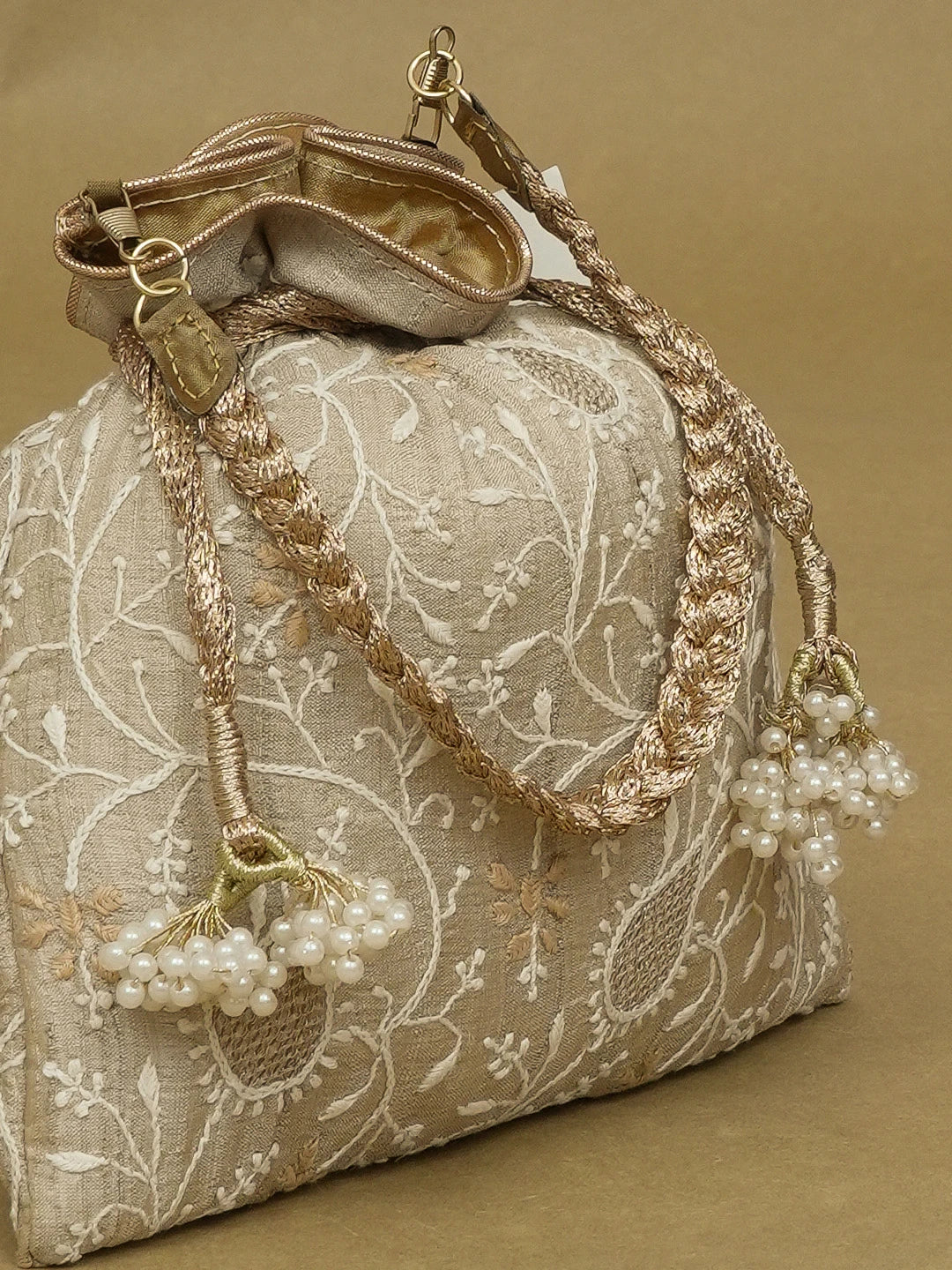 Ada Hand Embroidered Fawn Silk Lucknowi Chikankari Potli Bag 01A578147