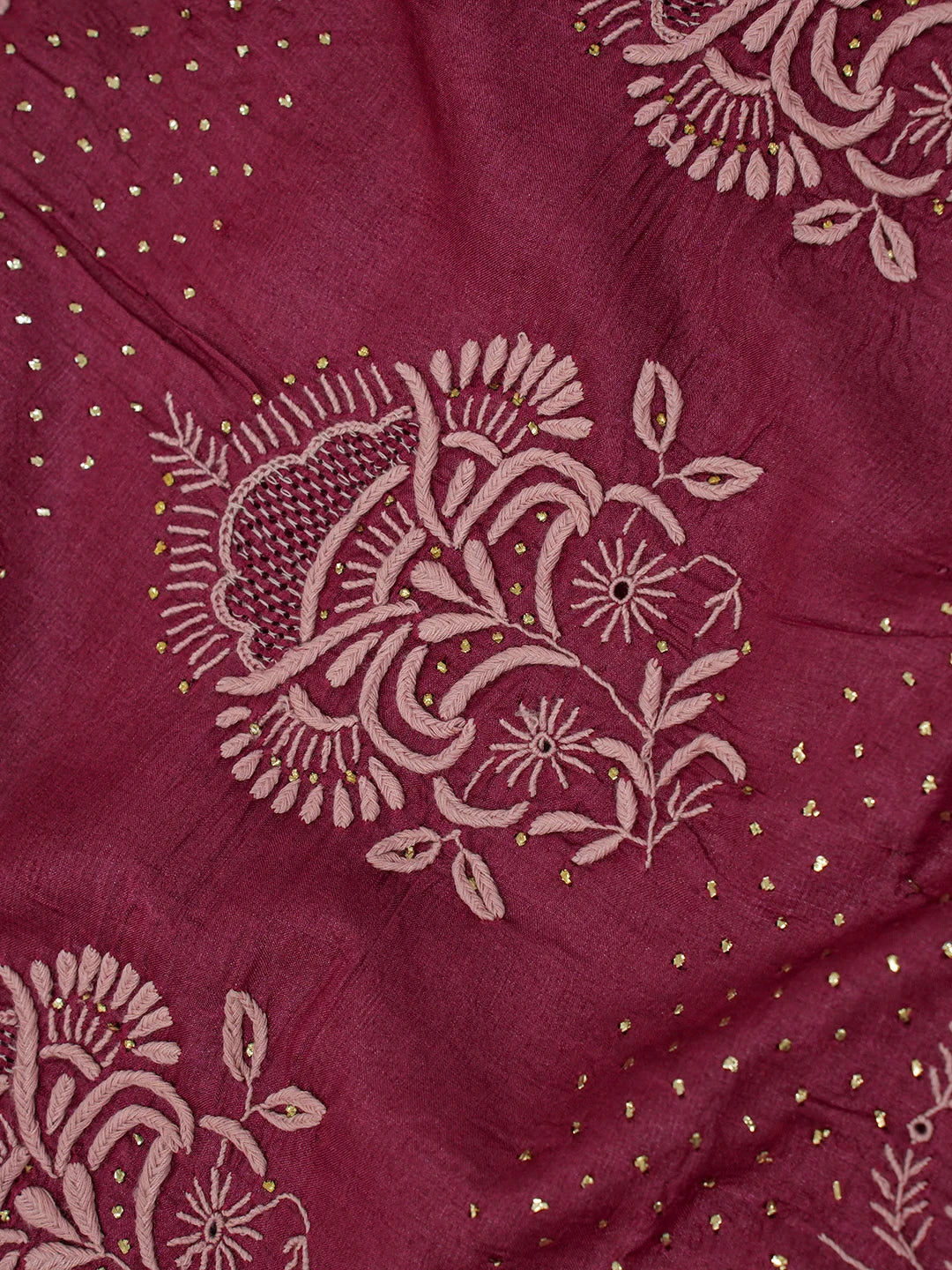 Ada Hand Embroidered Maroon Tussar Silk Lucknowi Chikankari Saree and Blouse With Muqaish Work 01A604865