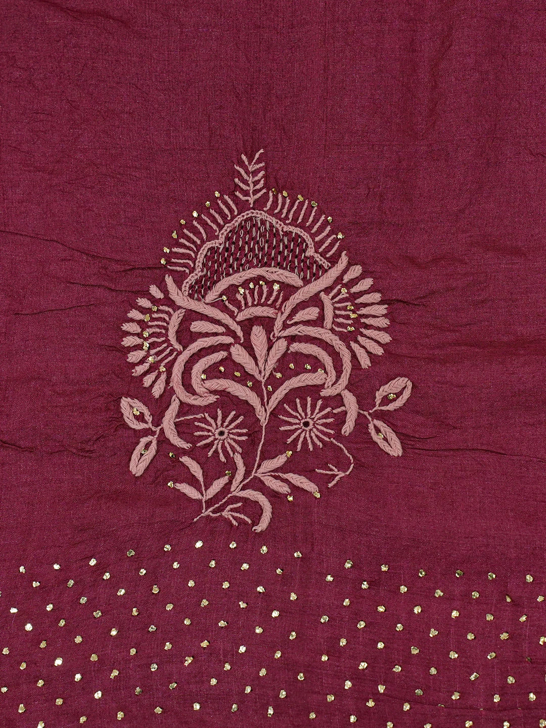 Ada Hand Embroidered Maroon Tussar Silk Lucknowi Chikankari Saree and Blouse With Muqaish Work 01A604865