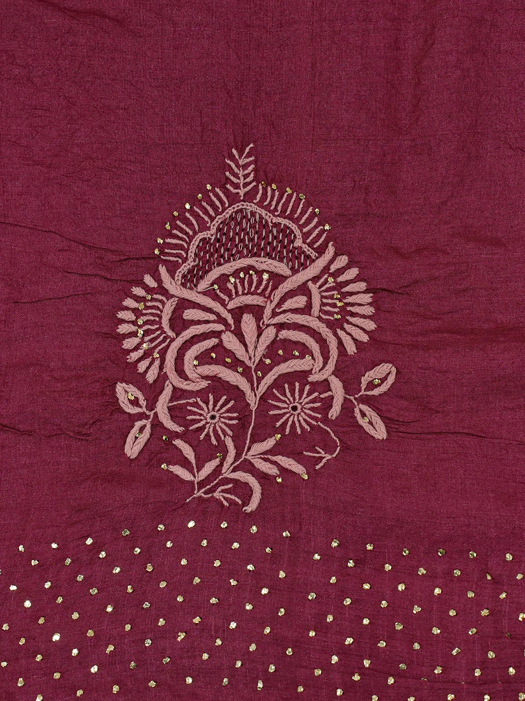 Ada Hand Embroidered Maroon Tussar Silk Lucknowi Chikankari Saree and Blouse With Muqaish Work 01A604865