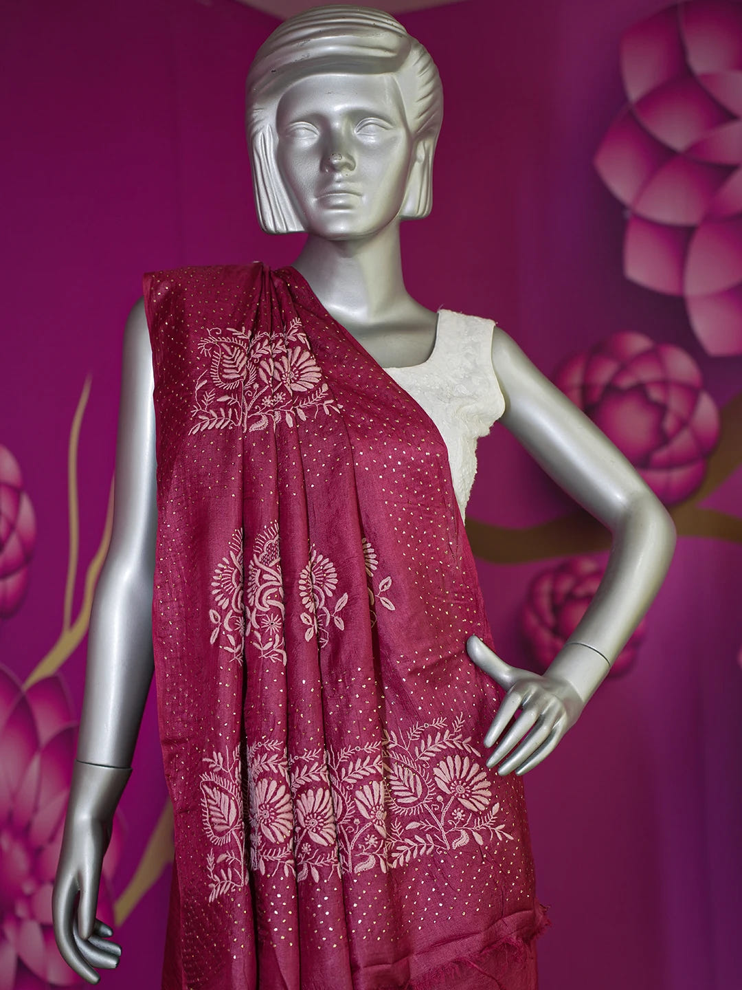 Ada Hand Embroidered Maroon Tussar Silk Lucknowi Chikankari Saree and Blouse With Muqaish Work 01A604865