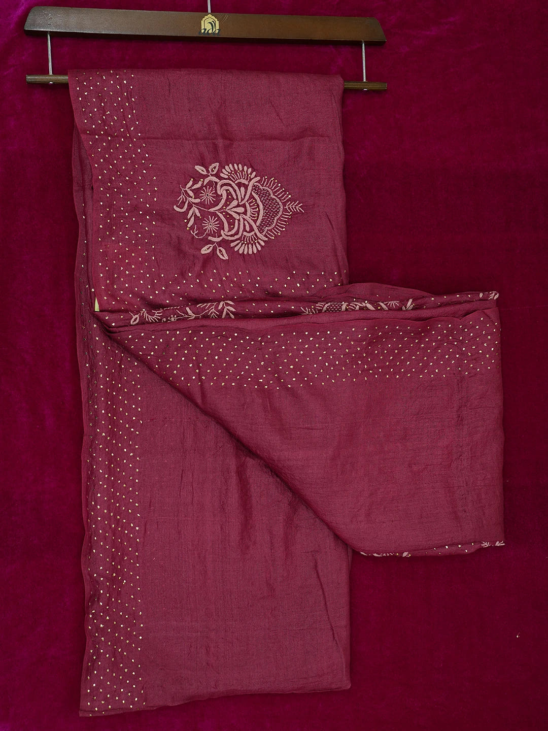 Ada Hand Embroidered Maroon Tussar Silk Lucknowi Chikankari Saree and Blouse With Muqaish Work 01A604865