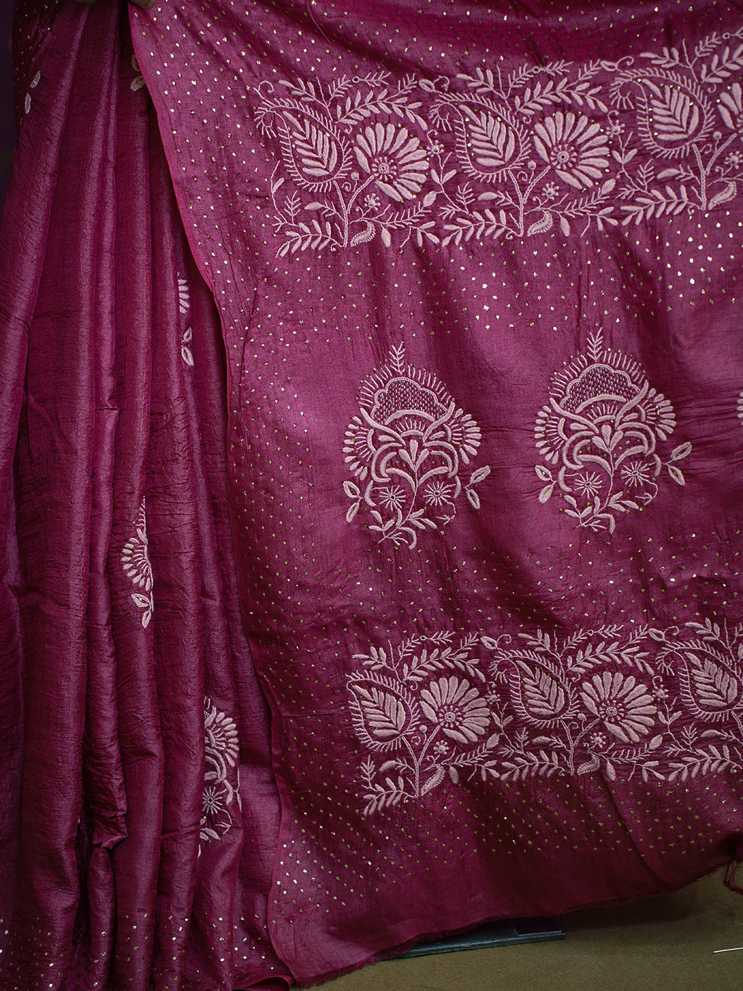 Ada Hand Embroidered Maroon Tussar Silk Lucknowi Chikankari Saree and Blouse With Muqaish Work 01A604865