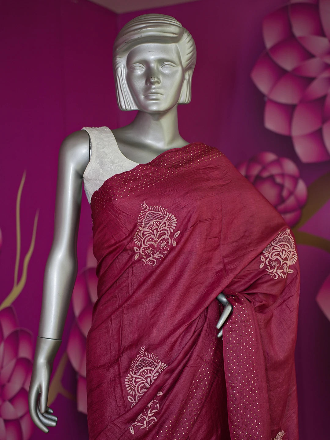 Ada Hand Embroidered Maroon Tussar Silk Lucknowi Chikankari Saree and Blouse With Muqaish Work 01A604865