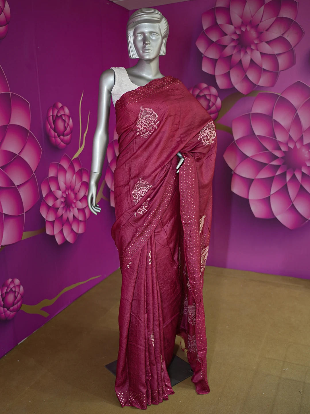 Ada Hand Embroidered Maroon Tussar Silk Lucknowi Chikankari Saree and Blouse With Muqaish Work 01A604865