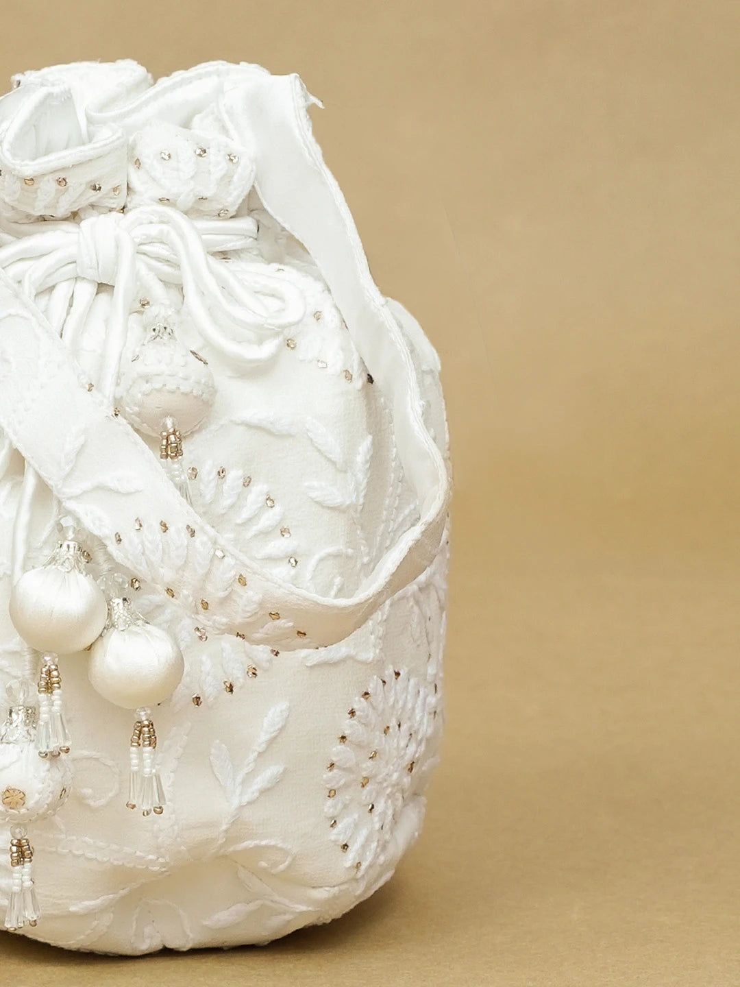 Ada Hand Embroidered White Pure Georgette Lucknowi Chikankari Potli Bag With Muqaish Work 01A584818