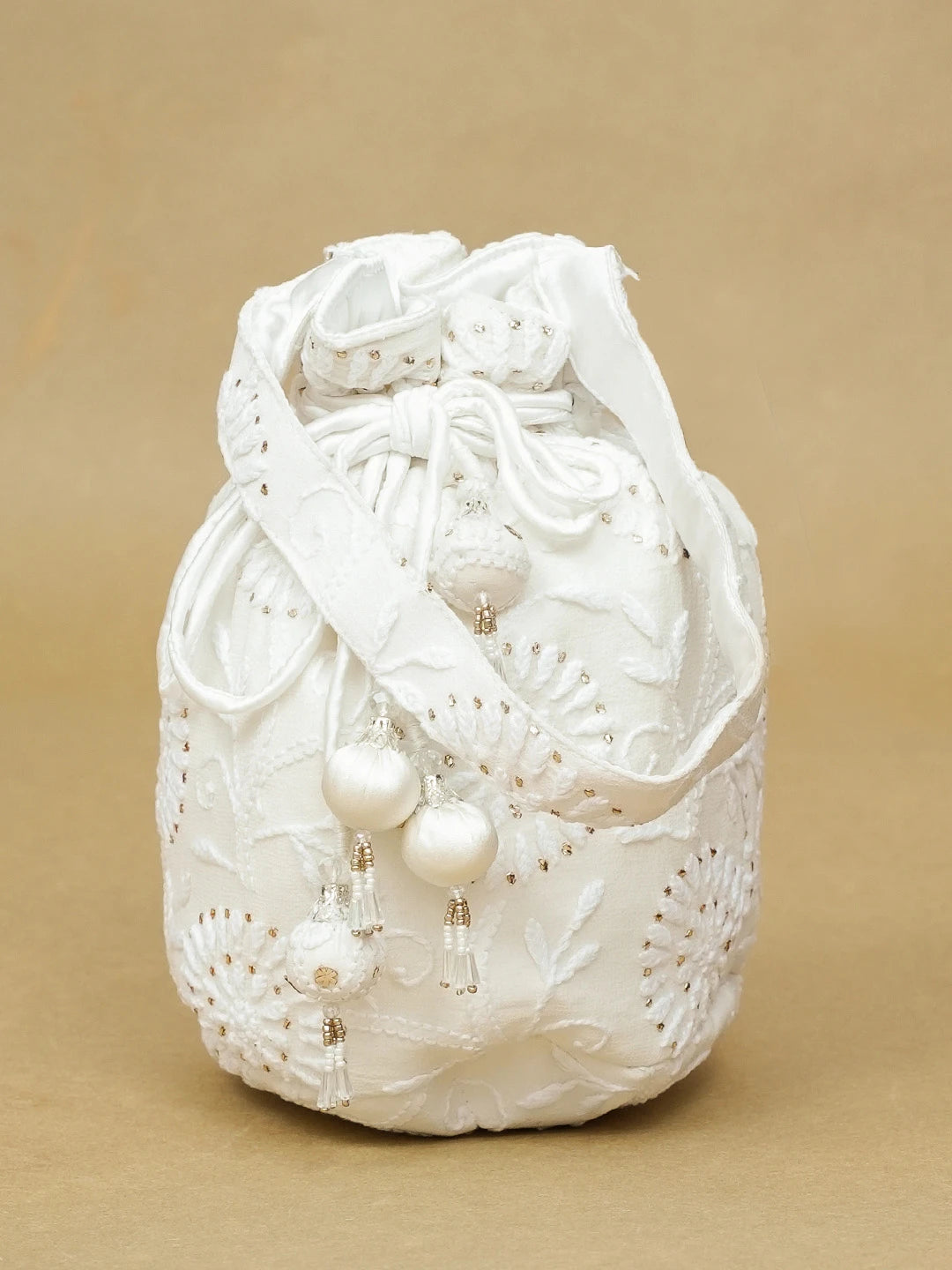 Ada Hand Embroidered White Pure Georgette Lucknowi Chikankari Potli Bag With Muqaish Work 01A584818
