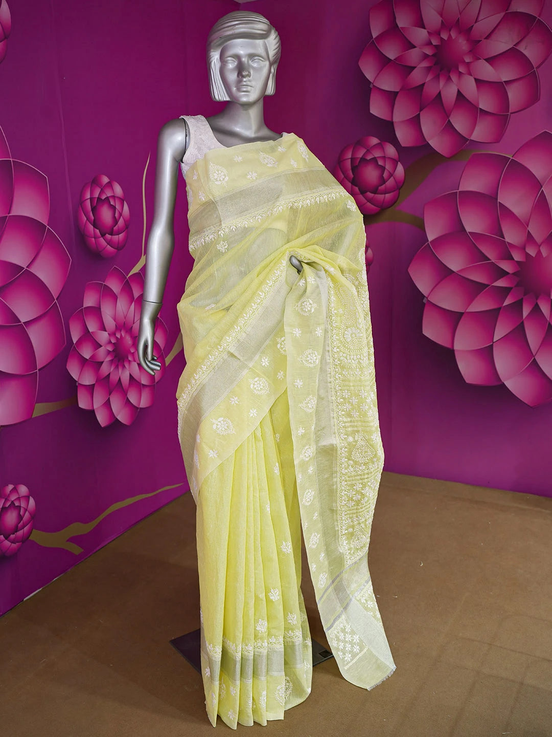 Ada Hand Embroidered Lemon Chanderi Lucknowi Chikankari Saree and Blouse 01A604998