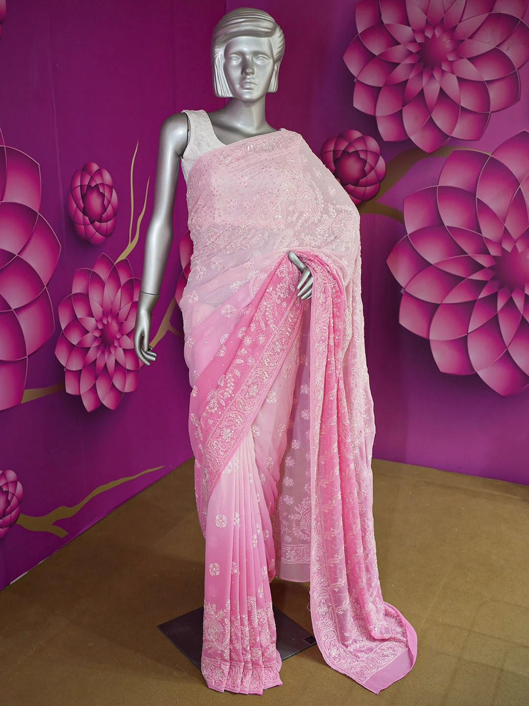 Ada Hand Embroidered Ombre Shade of Onion Pink & Cherry Blossom PInk Pure Georgette Lucknowi Chikankari Saree With Blouse And Cutdana Work 01A512947