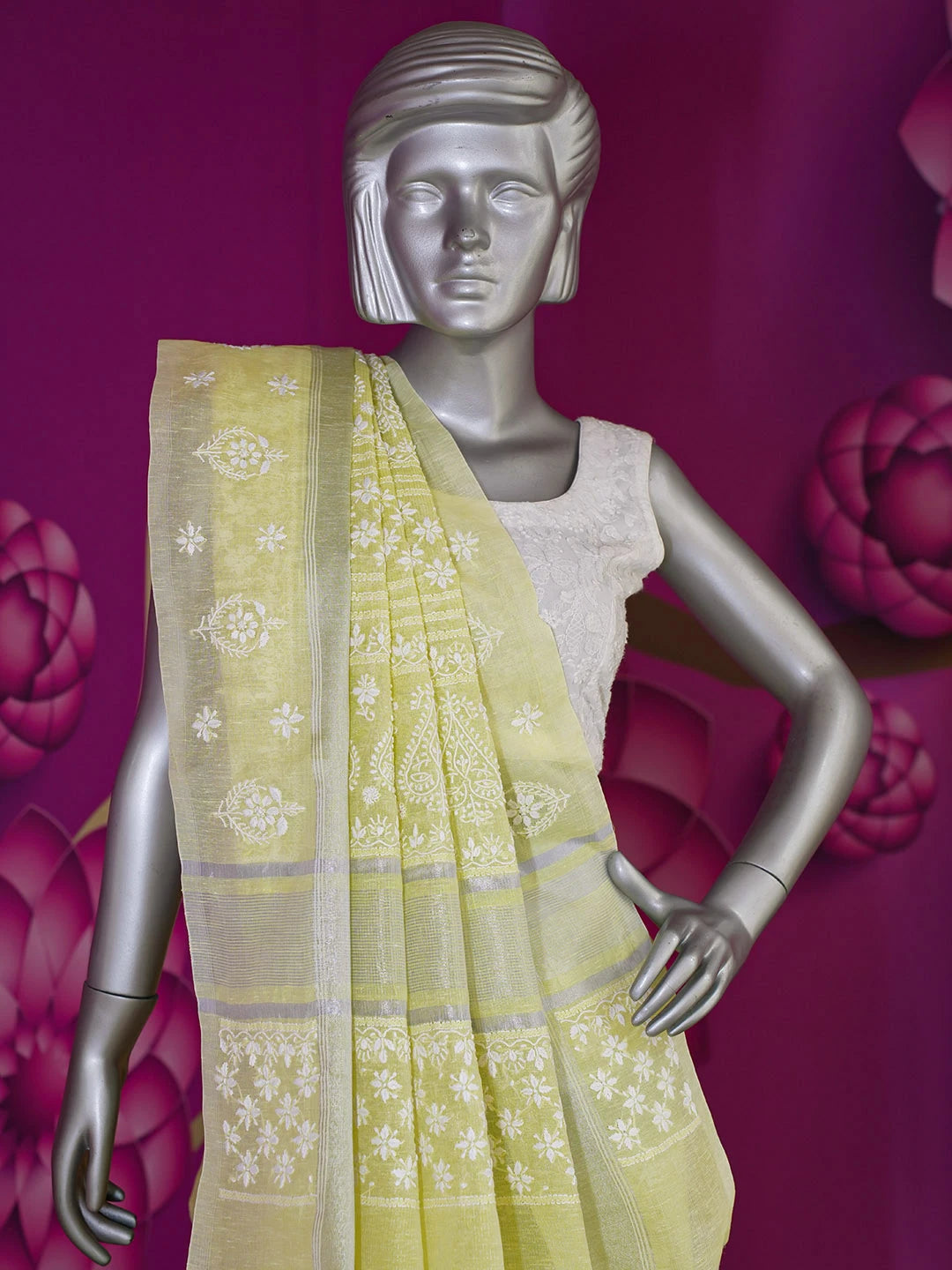 Ada Hand Embroidered Lemon Chanderi Lucknowi Chikankari Saree and Blouse 01A604998