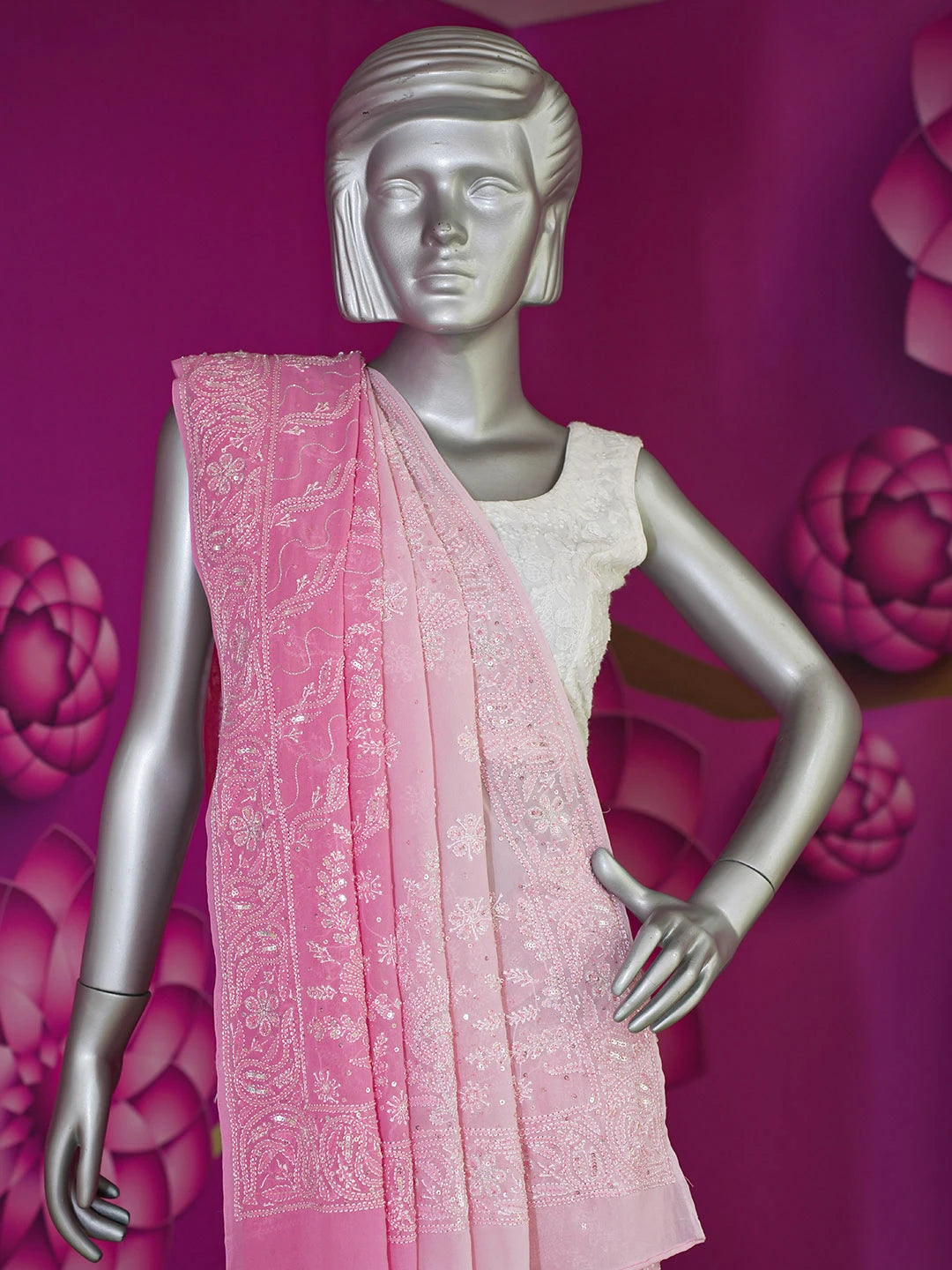 Ada Hand Embroidered Ombre Shade of Onion Pink & Cherry Blossom PInk Pure Georgette Lucknowi Chikankari Saree With Blouse And Cutdana Work 01A512947