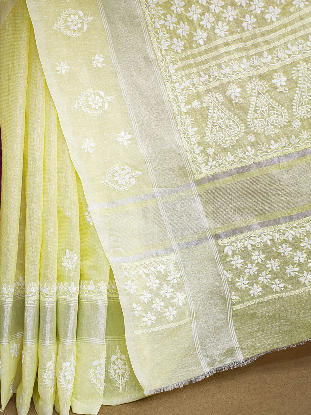 Ada Hand Embroidered Lemon Chanderi Lucknowi Chikankari Saree and Blouse 01A604998