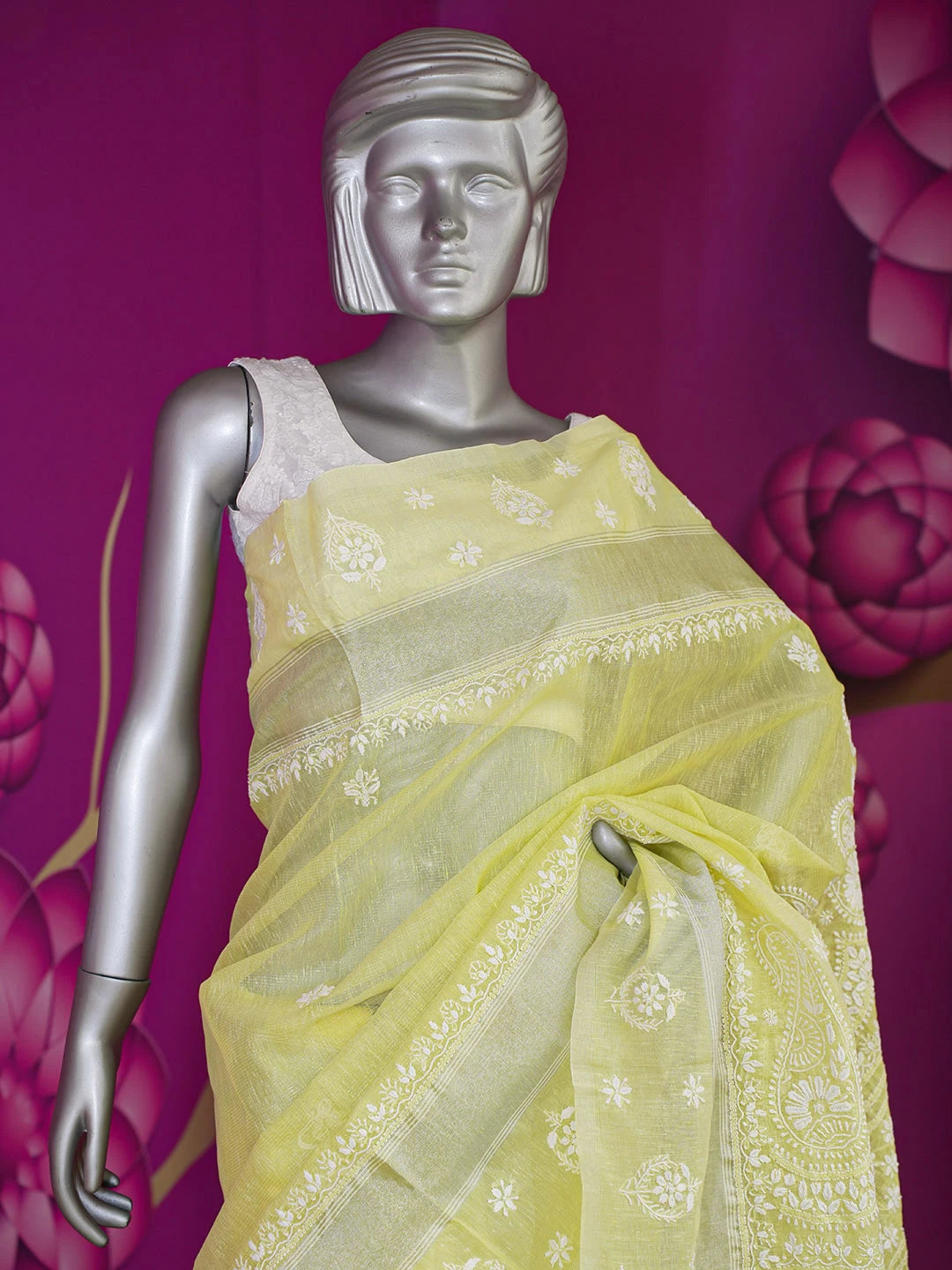Ada Hand Embroidered Lemon Chanderi Lucknowi Chikankari Saree and Blouse 01A604998