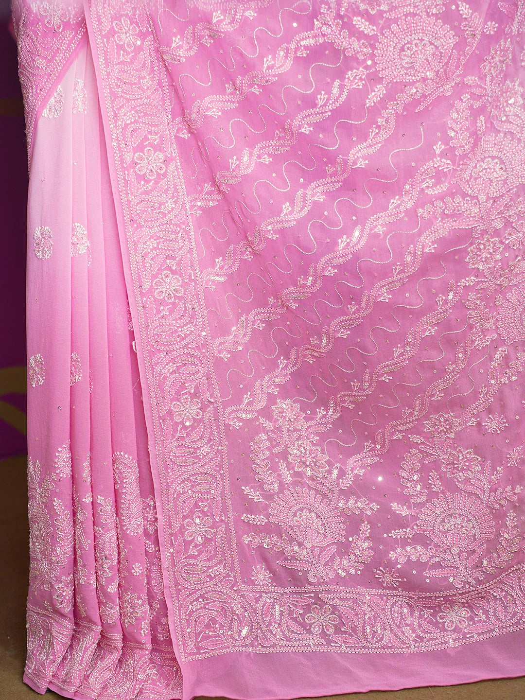 Ada Hand Embroidered Ombre Shade of Onion Pink & Cherry Blossom PInk Pure Georgette Lucknowi Chikankari Saree With Blouse And Cutdana Work 01A512947