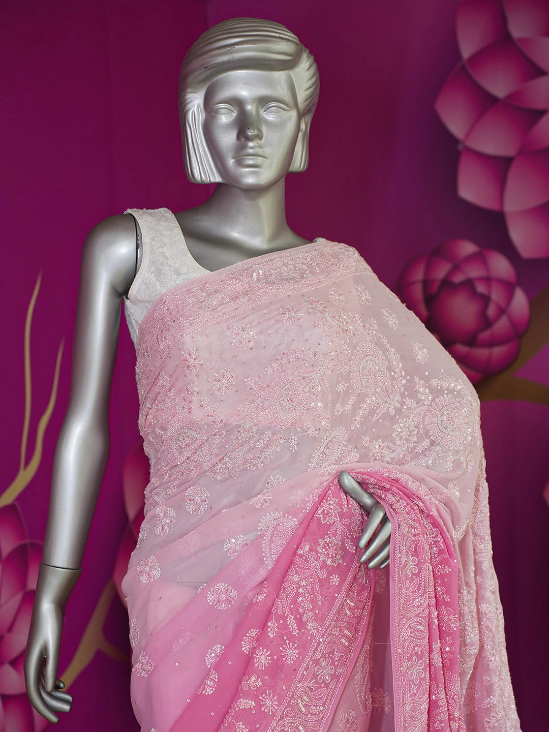 Ada Hand Embroidered Ombre Shade of Onion Pink & Cherry Blossom PInk Pure Georgette Lucknowi Chikankari Saree With Blouse And Cutdana Work 01A512947