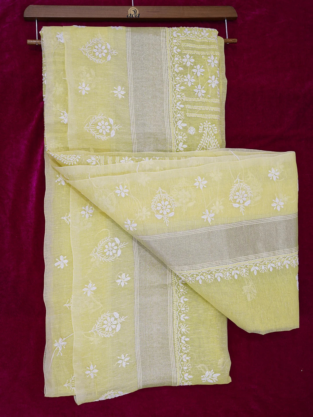 Ada Hand Embroidered Lemon Chanderi Lucknowi Chikankari Saree and Blouse 01A604998