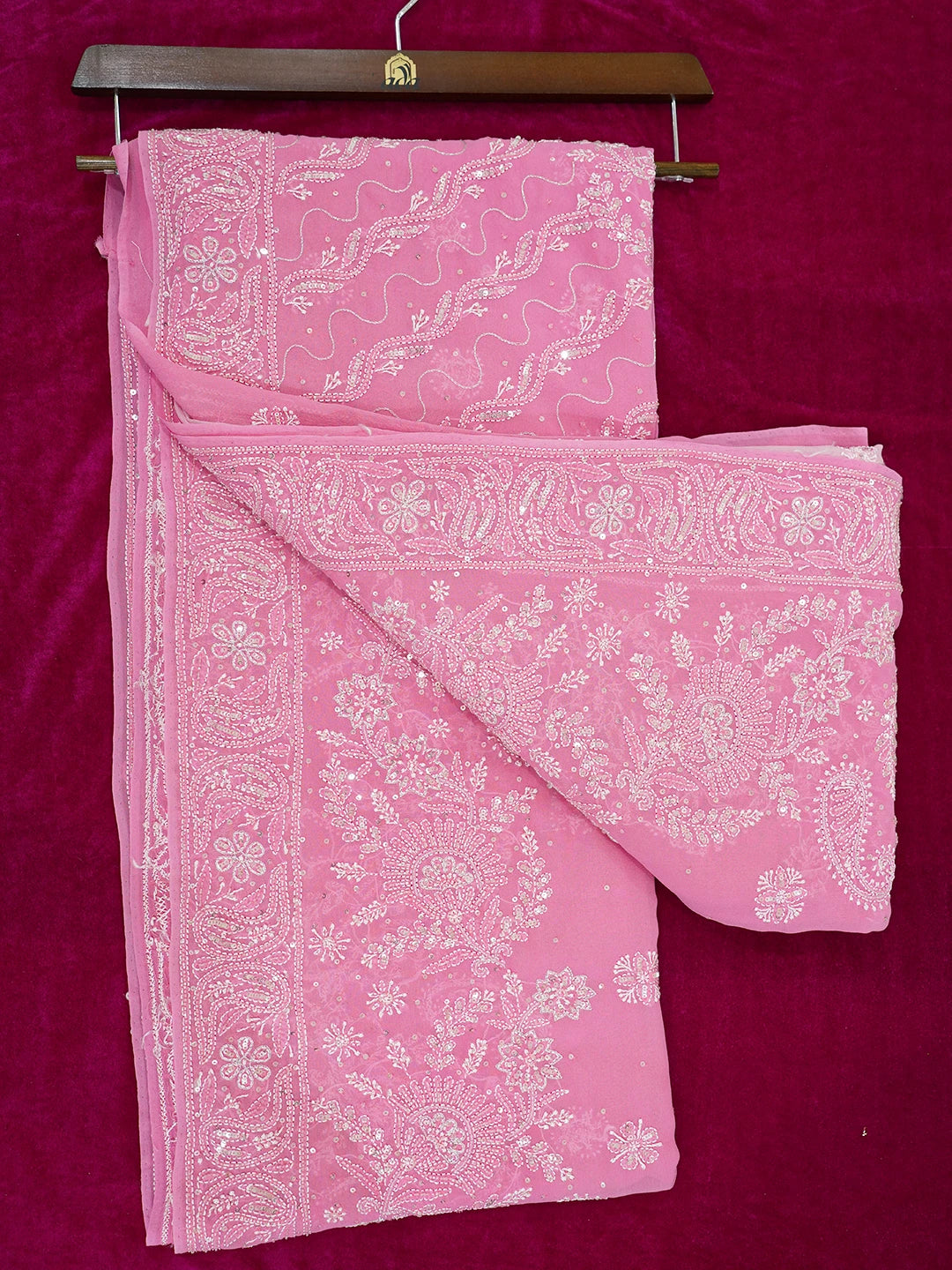 Ada Hand Embroidered Ombre Shade of Onion Pink & Cherry Blossom PInk Pure Georgette Lucknowi Chikankari Saree With Blouse And Cutdana Work 01A512947