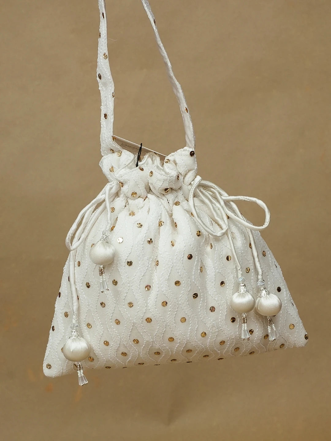 Ada Hand Embroidered White Pure Georgette Lucknowi Chikankari Potli Bag With Muqaish Work 01A584828