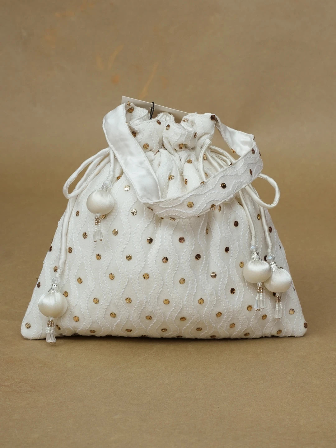 Ada Hand Embroidered White Pure Georgette Lucknowi Chikankari Potli Bag With Muqaish Work 01A584828