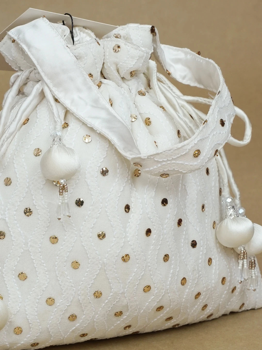 Ada Hand Embroidered White Pure Georgette Lucknowi Chikankari Potli Bag With Muqaish Work 01A584828