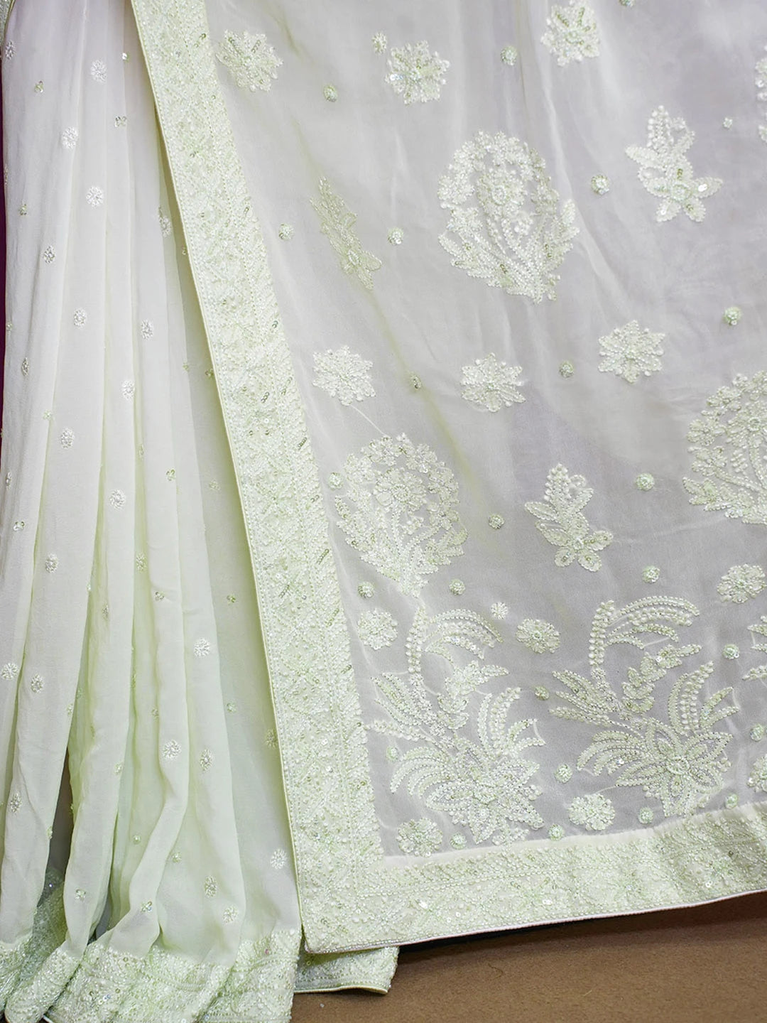 Ada Hand Embroidered Tea Green Lucknowi Chikankari Saree and Blouse With Pearl Work 01A394840