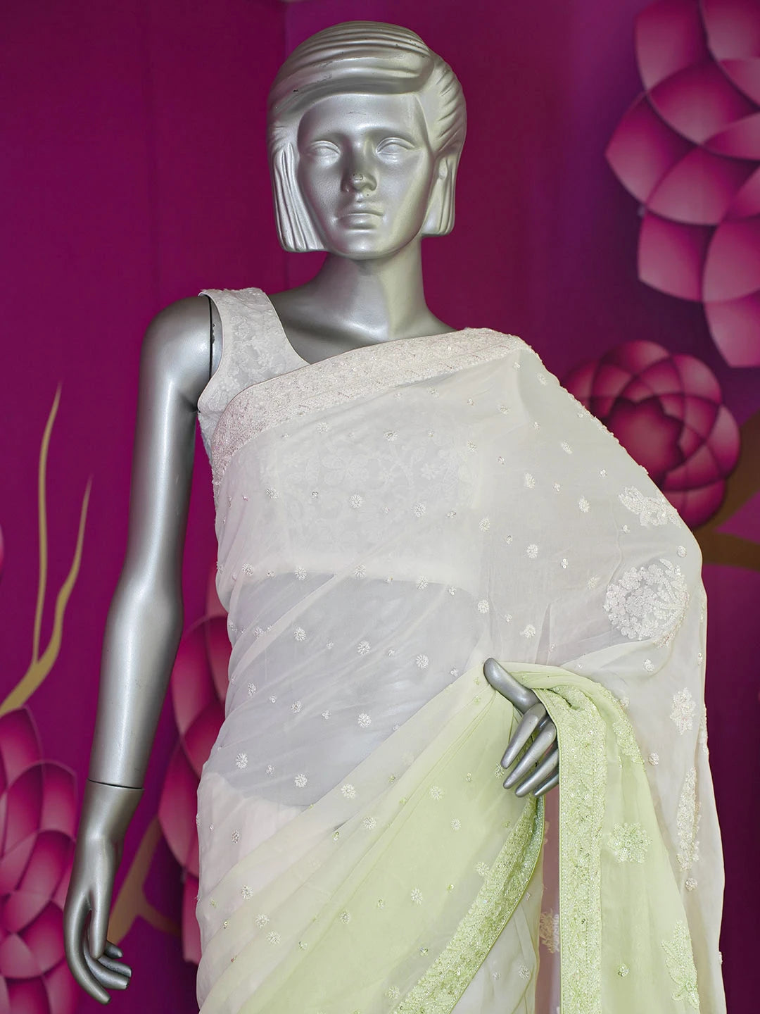 Ada Hand Embroidered Tea Green Lucknowi Chikankari Saree and Blouse With Pearl Work 01A394840