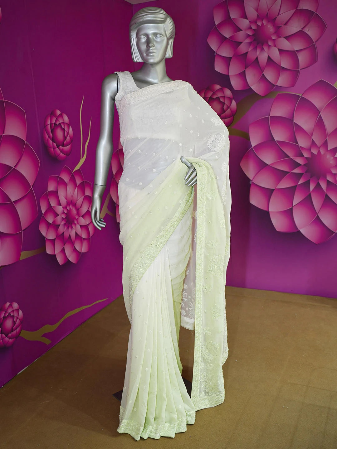 Ada Hand Embroidered Tea Green Lucknowi Chikankari Saree and Blouse With Pearl Work 01A394840