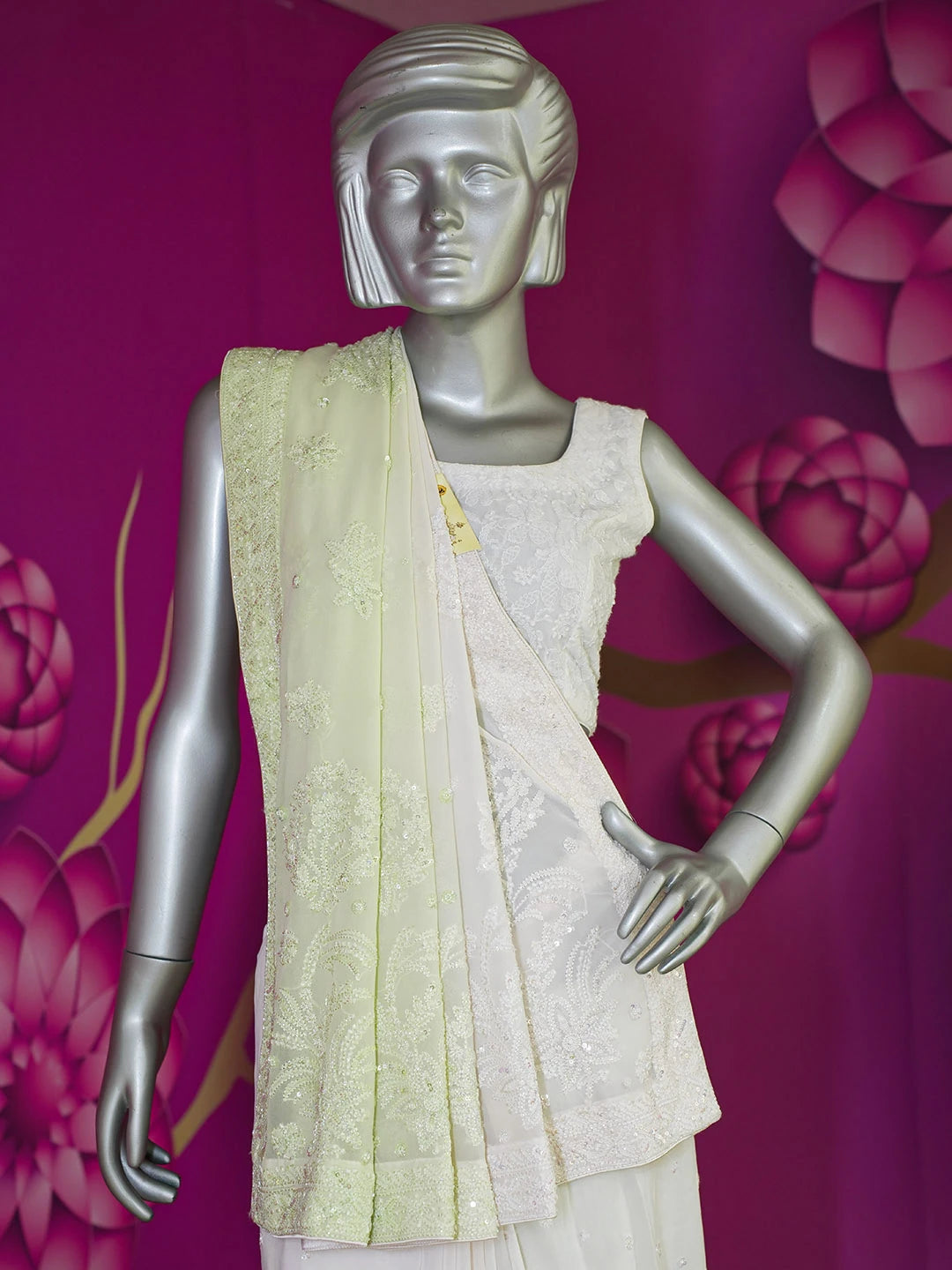 Ada Hand Embroidered Tea Green Lucknowi Chikankari Saree and Blouse With Pearl Work 01A394840