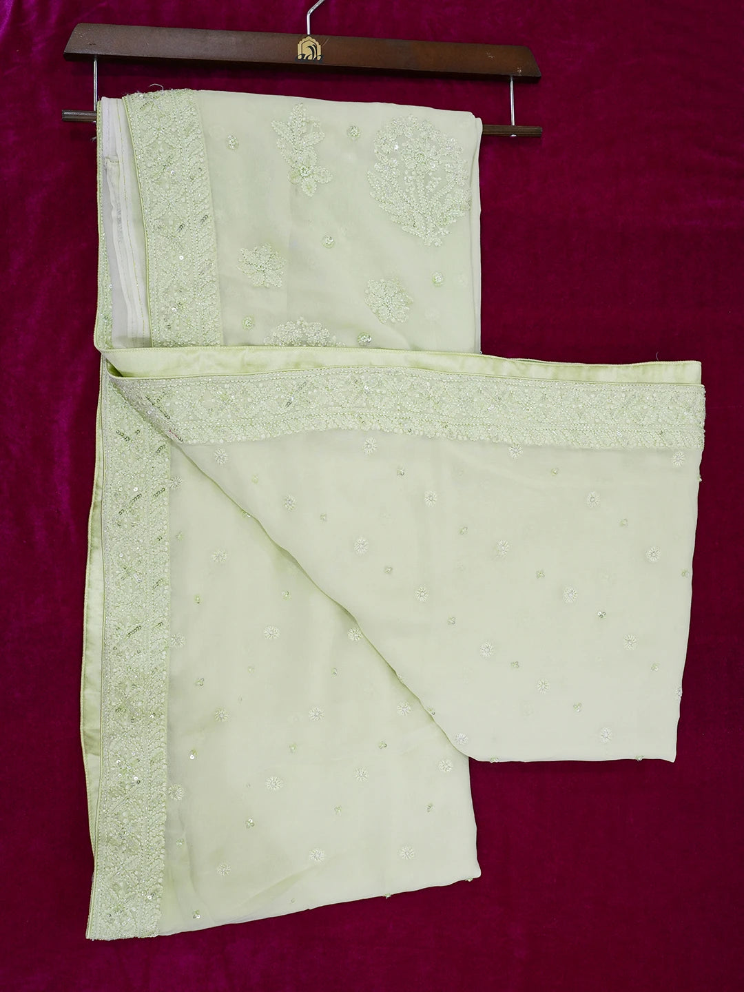Ada Hand Embroidered Tea Green Lucknowi Chikankari Saree and Blouse With Pearl Work 01A394840