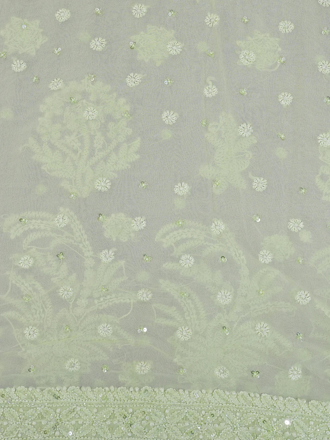 Ada Hand Embroidered Tea Green Lucknowi Chikankari Saree and Blouse With Pearl Work 01A394840