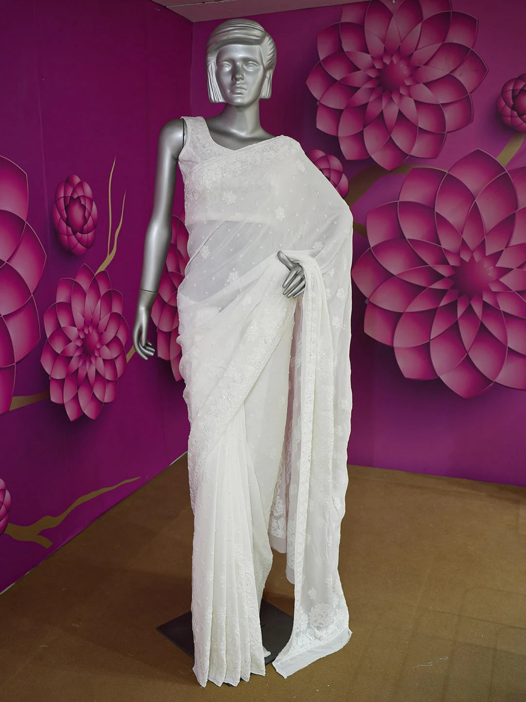 Ada Hand Embroidered Snow White Viscose Georgette Lucknowi Chikankari Saree/Blouse with Sequinned and Cutdana Work 01A561351
