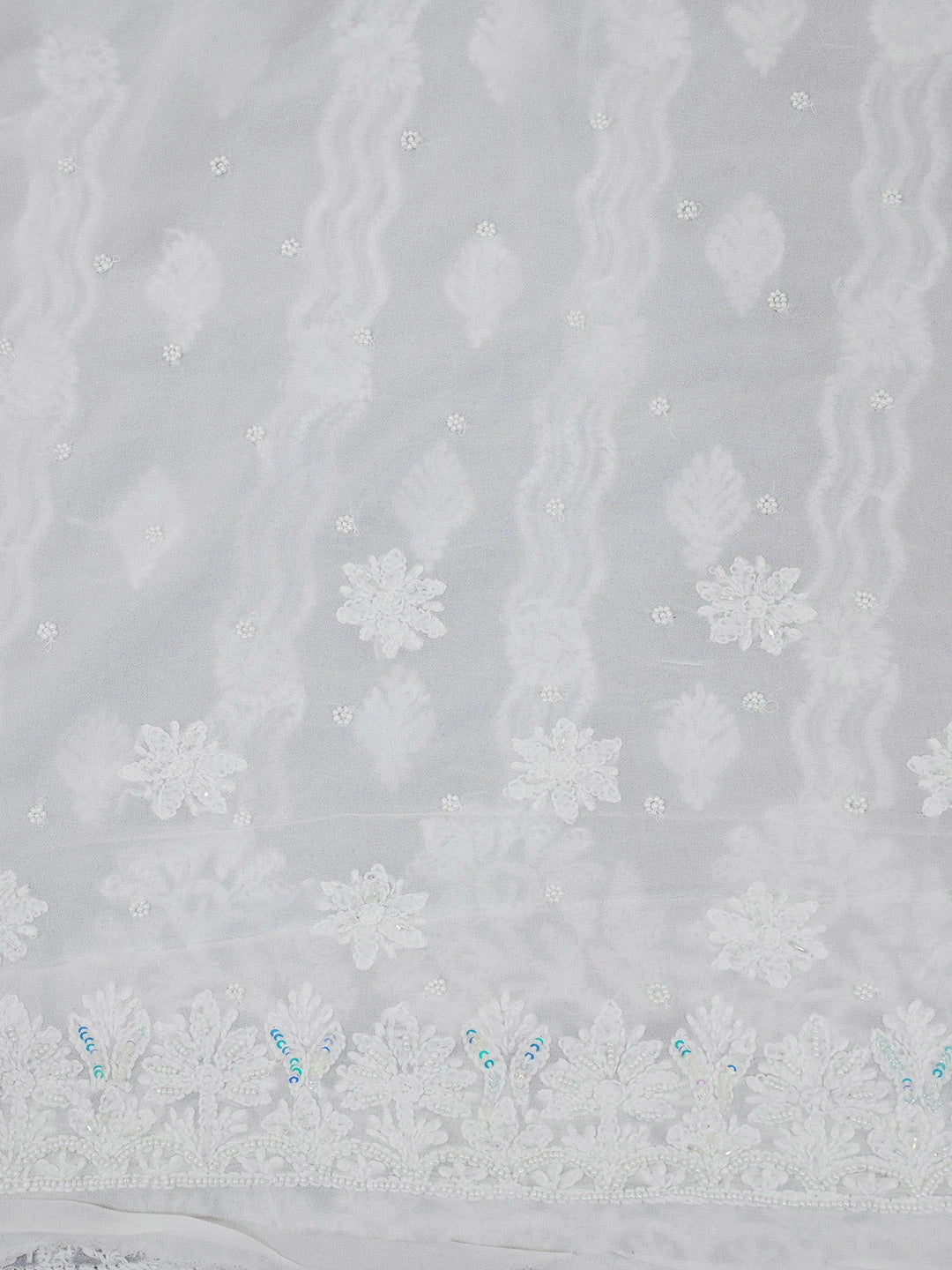 Ada Hand Embroidered Snow White Viscose Georgette Lucknowi Chikankari Saree/Blouse with Sequinned and Cutdana Work 01A561351