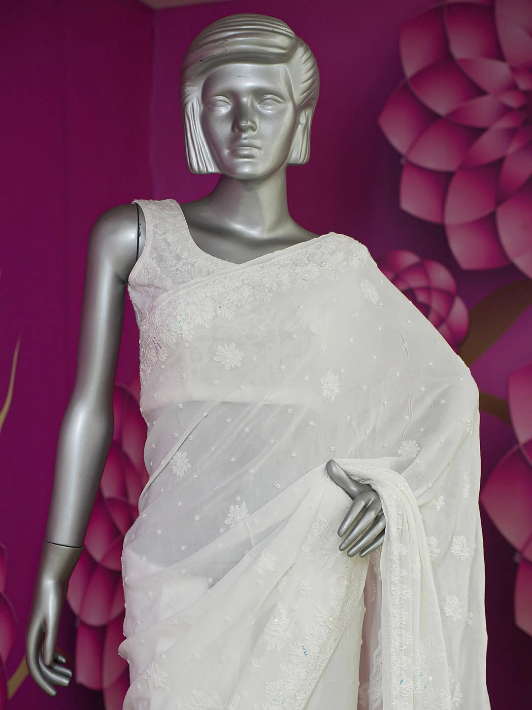 Ada Hand Embroidered Snow White Viscose Georgette Lucknowi Chikankari Saree/Blouse with Sequinned and Cutdana Work 01A561351