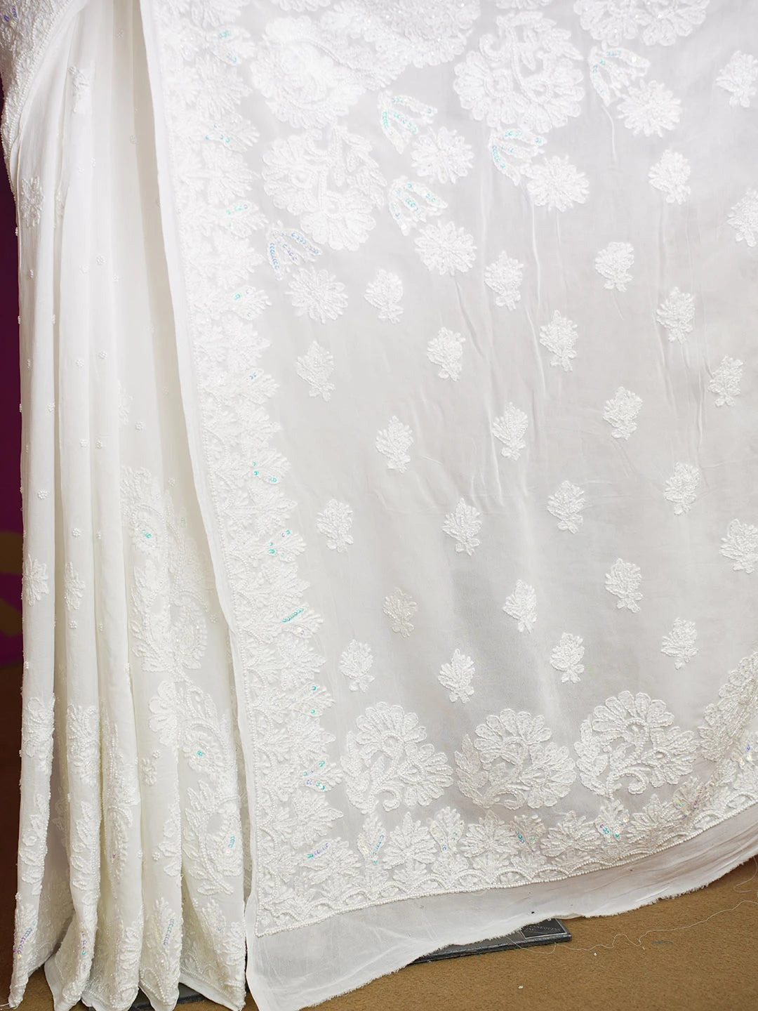 Ada Hand Embroidered Snow White Viscose Georgette Lucknowi Chikankari Saree/Blouse with Sequinned and Cutdana Work 01A561351