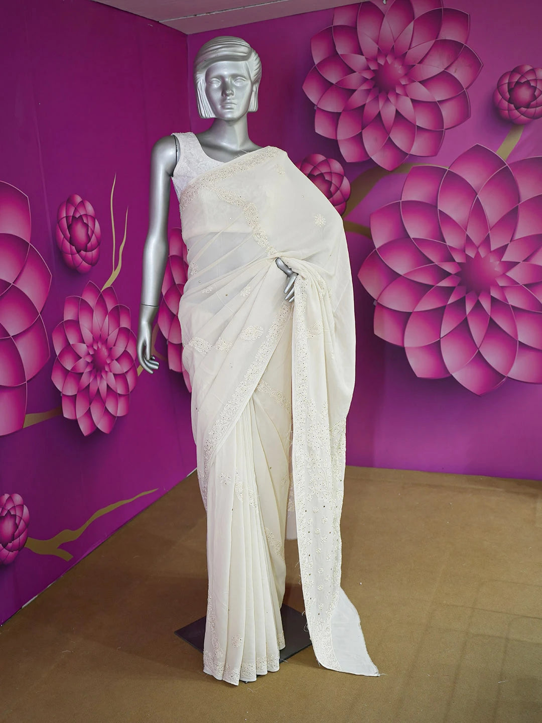Ada Hand Embroidered Gentle Fawn Viscose Georgette Lucknowi Chikankari Saree and Blouse With Muqaish Work 01A585159