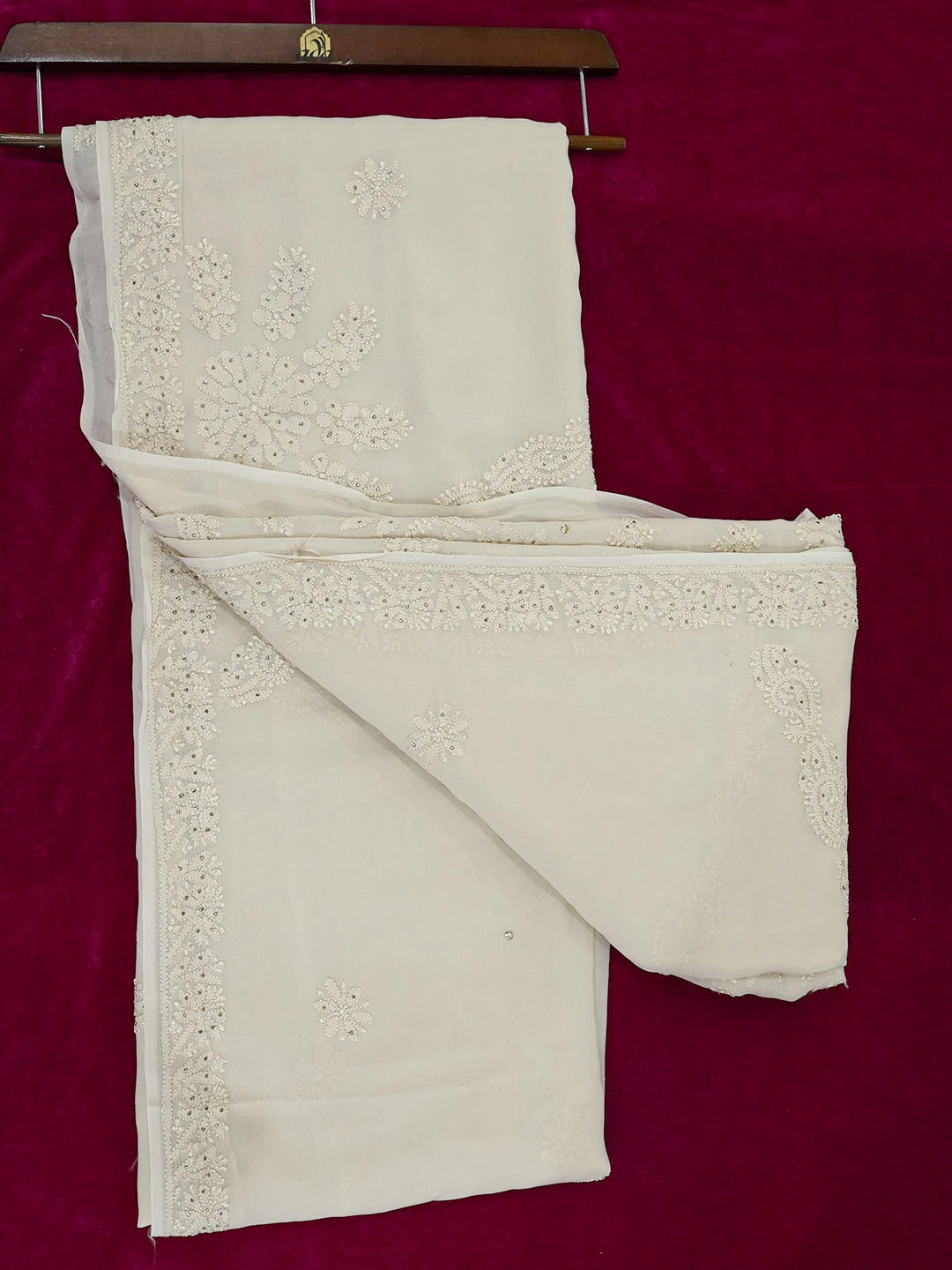 Ada Hand Embroidered Gentle Fawn Viscose Georgette Lucknowi Chikankari Saree and Blouse With Muqaish Work 01A585159