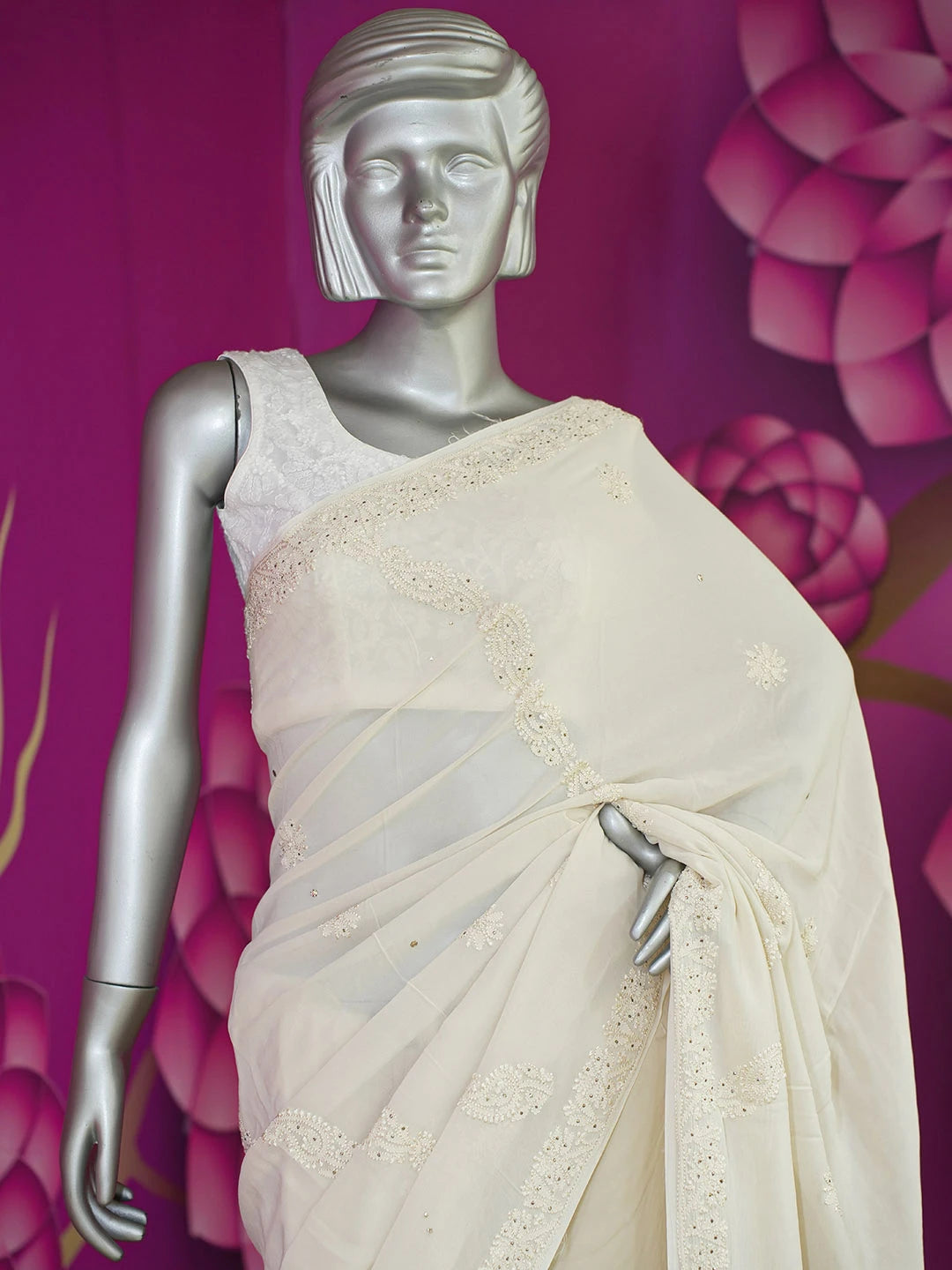 Ada Hand Embroidered Gentle Fawn Viscose Georgette Lucknowi Chikankari Saree and Blouse With Muqaish Work 01A585159