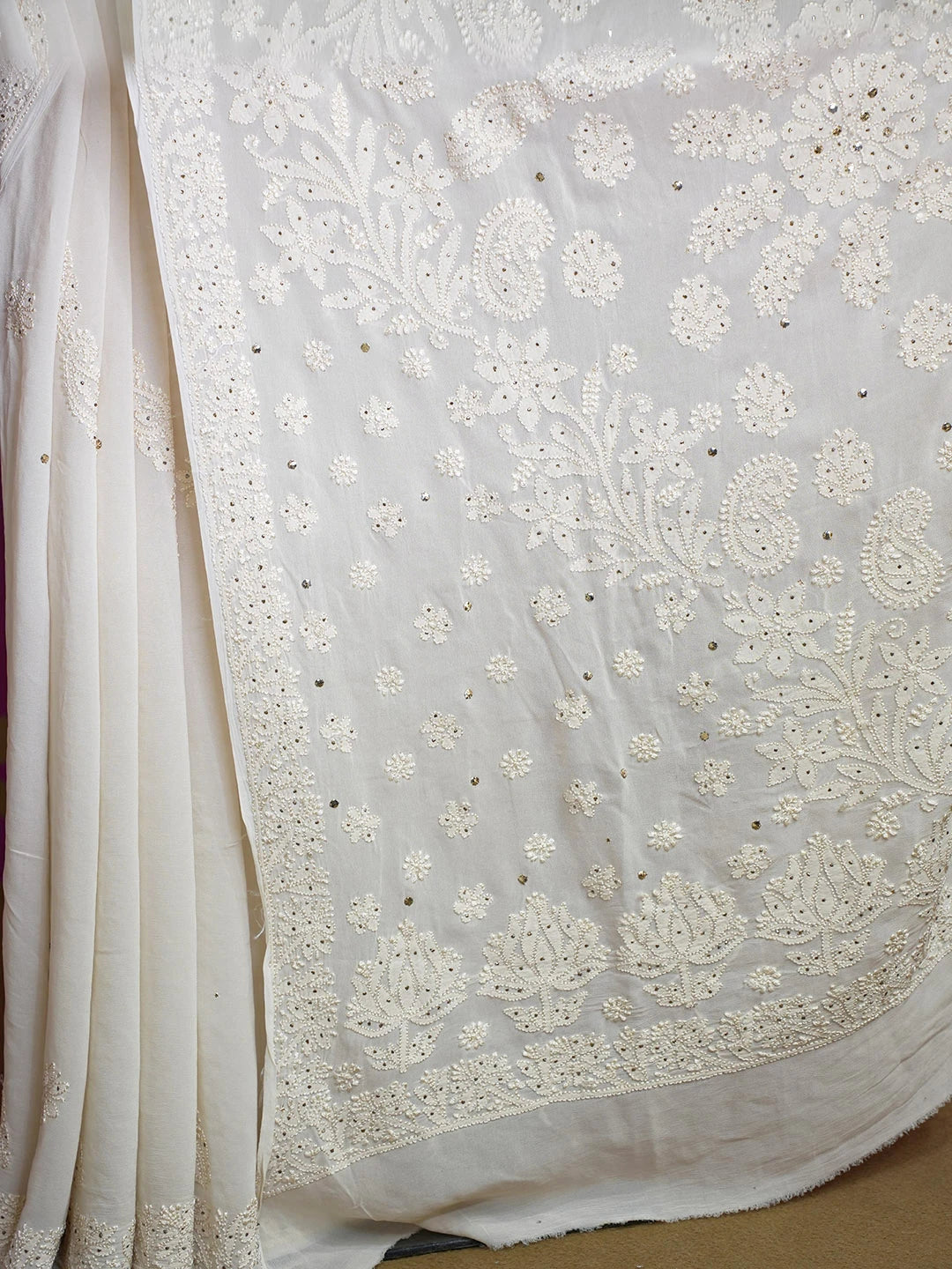 Ada Hand Embroidered Gentle Fawn Viscose Georgette Lucknowi Chikankari Saree and Blouse With Muqaish Work 01A585159