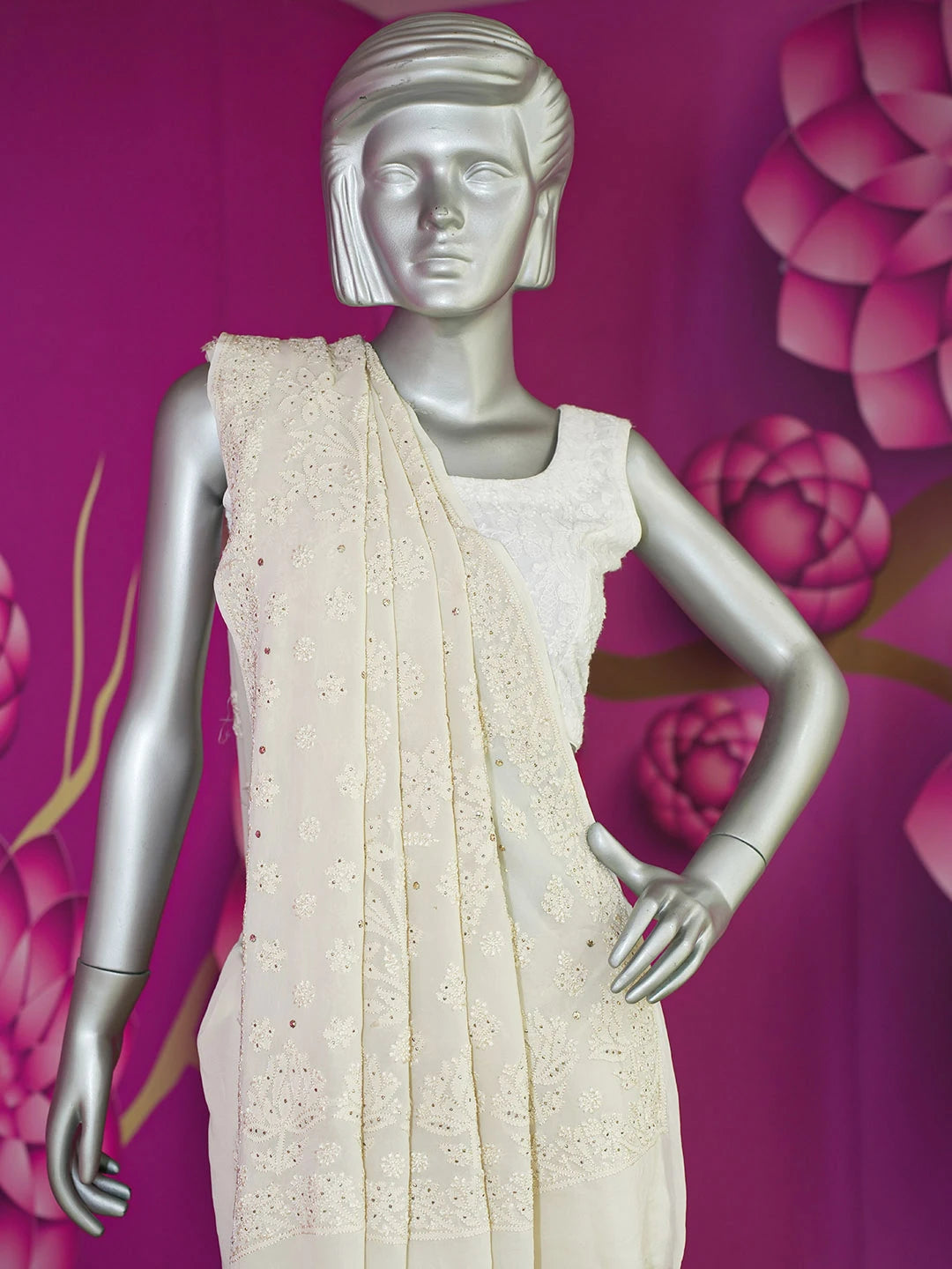 Ada Hand Embroidered Gentle Fawn Viscose Georgette Lucknowi Chikankari Saree and Blouse With Muqaish Work 01A585159