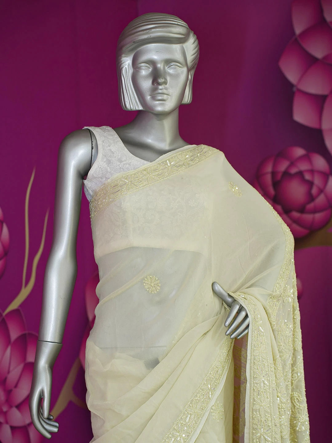 Ada Hand Embroidered Cornsilk White Viscose Georgette Lucknowi Chikankari Saree With Blouse And Cutdana Work 01A583842