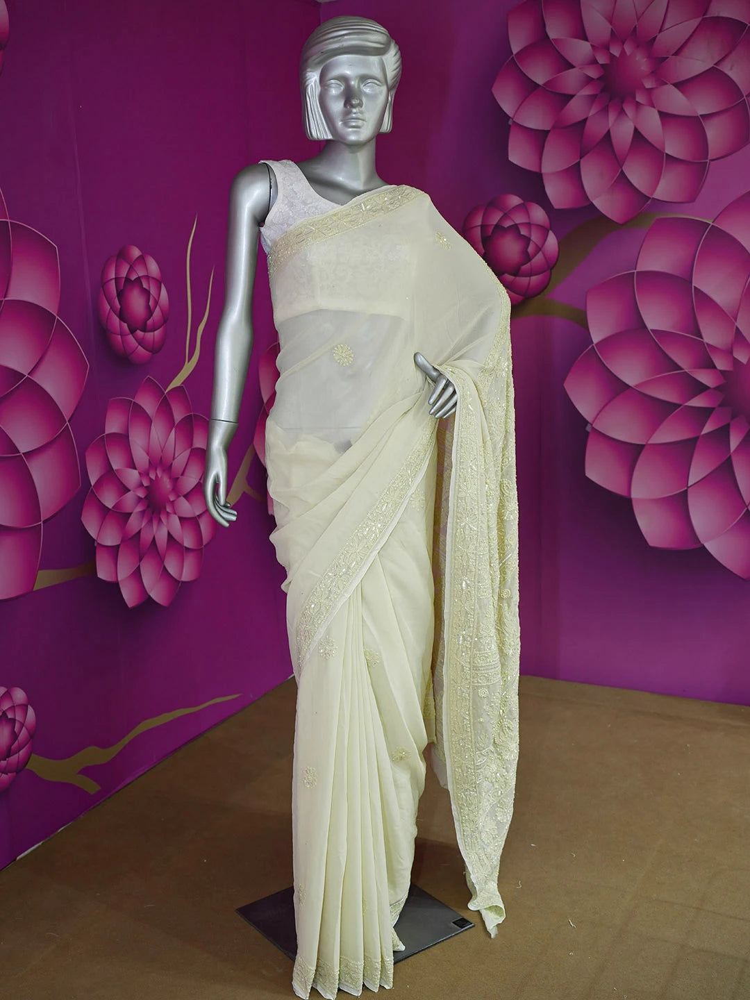 Ada Hand Embroidered Cornsilk White Viscose Georgette Lucknowi Chikankari Saree With Blouse And Cutdana Work 01A583842