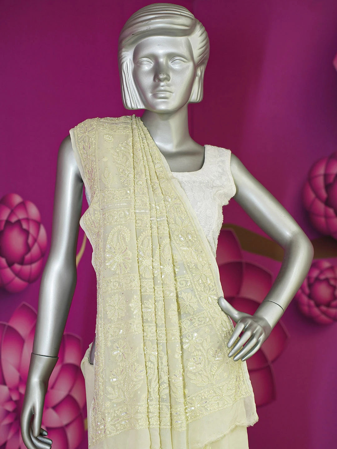 Ada Hand Embroidered Cornsilk White Viscose Georgette Lucknowi Chikankari Saree With Blouse And Cutdana Work 01A583842